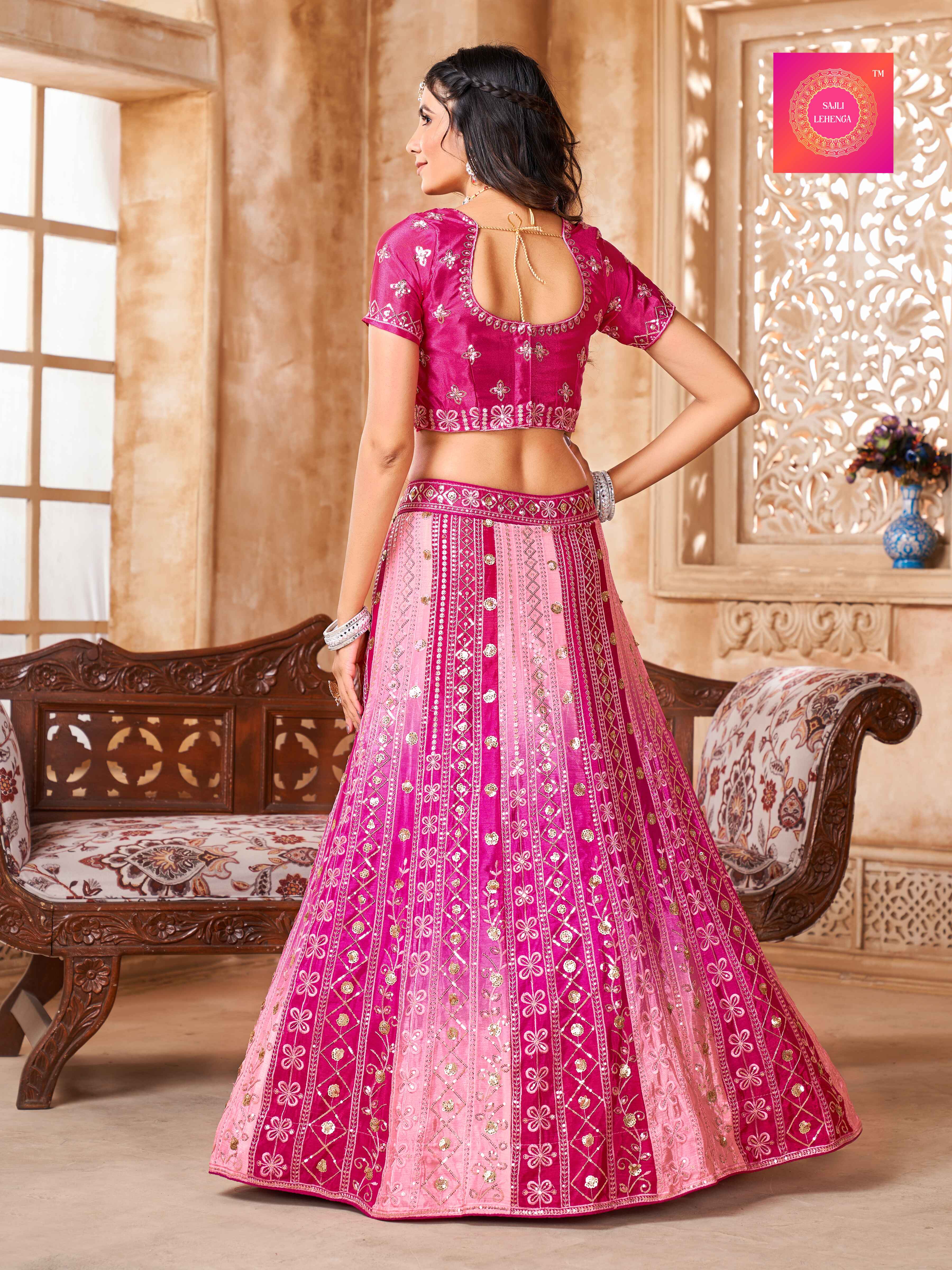 Sajli Pink Padding  Chinon Lehenga Choli with Embroidery Work Net Dupatta Set S24