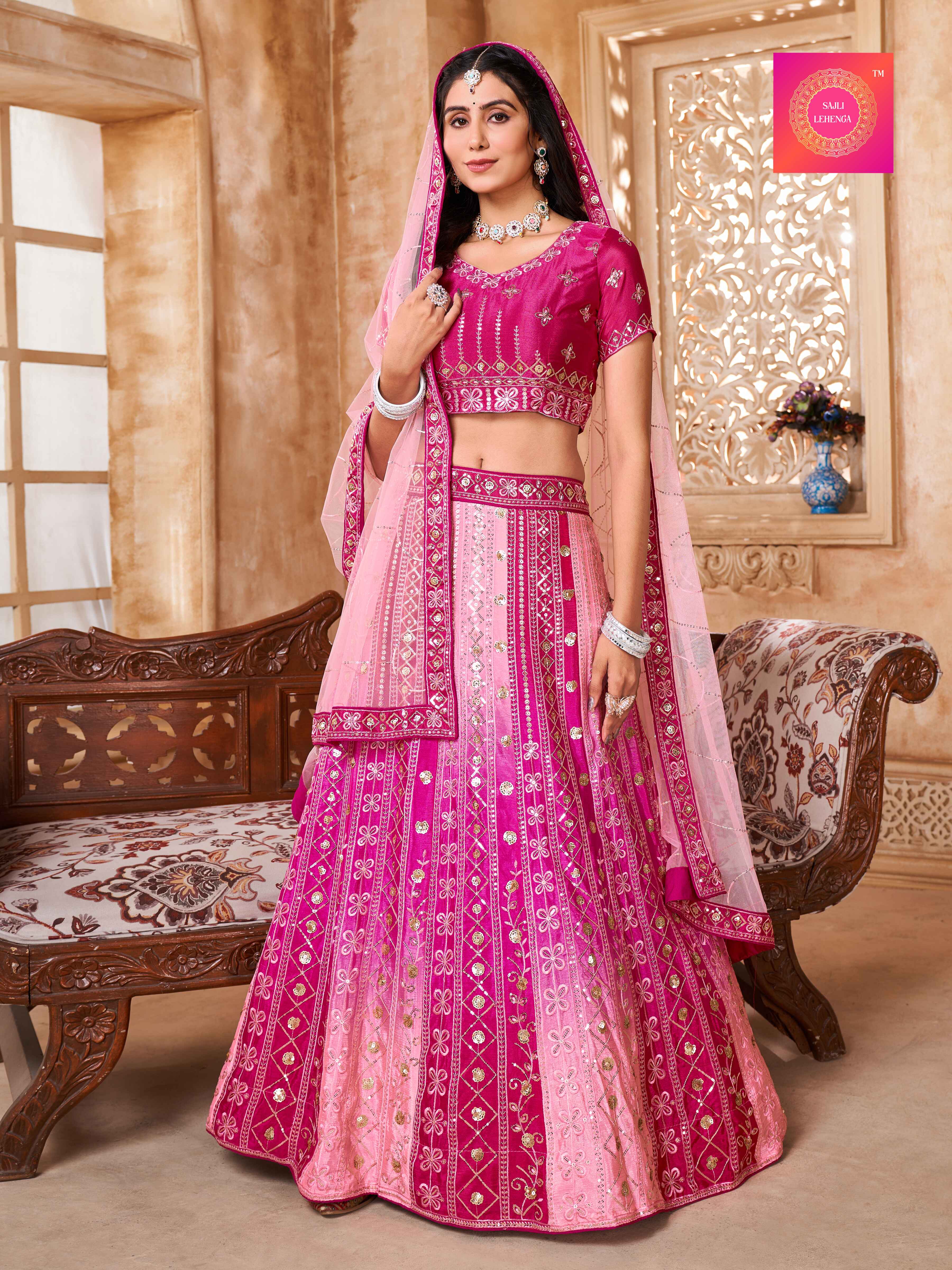 Sajli Pink Padding  Chinon Lehenga Choli with Embroidery Work Net Dupatta Set S24