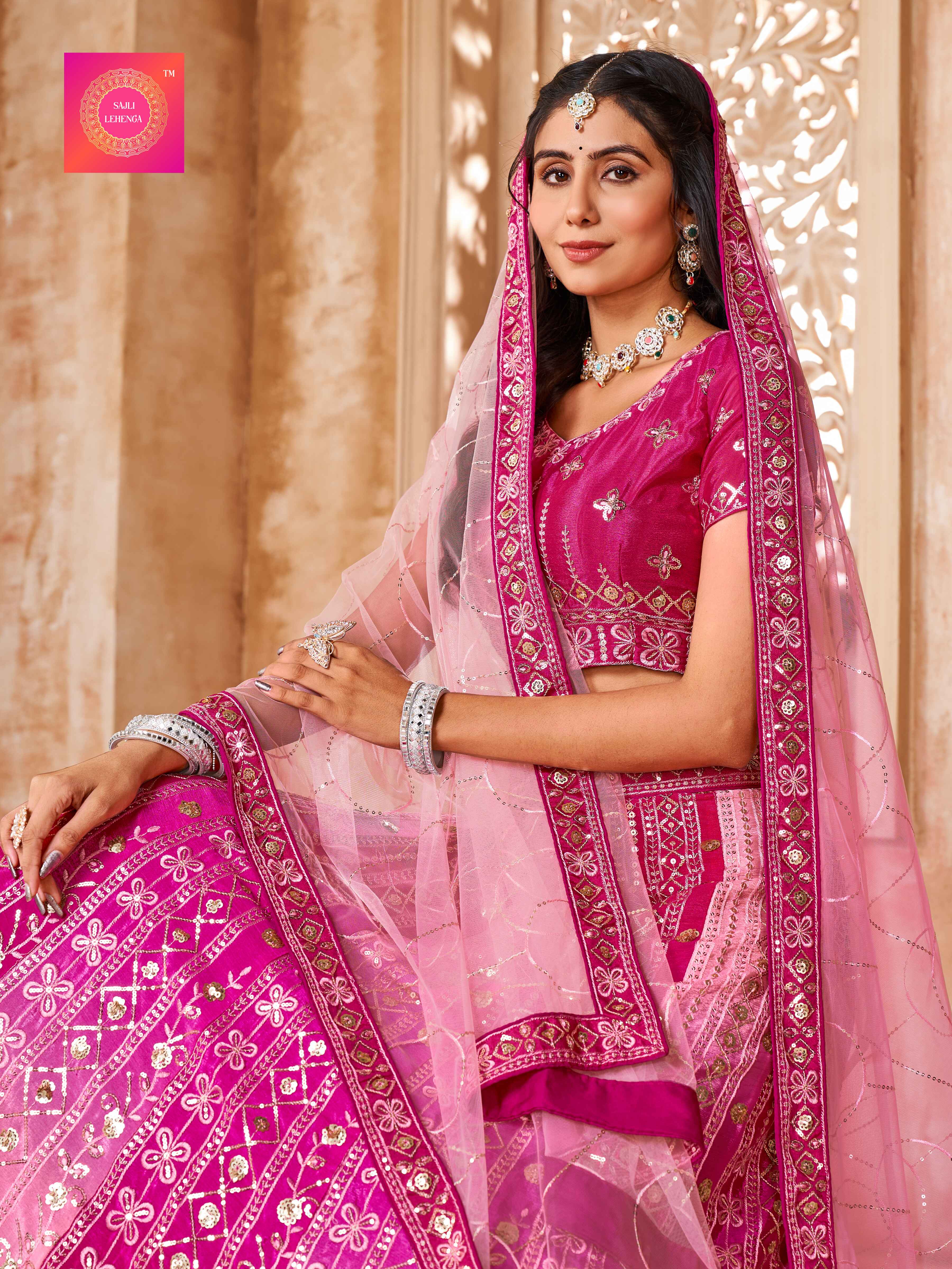 Sajli Pink Padding  Chinon Lehenga Choli with Embroidery Work Net Dupatta Set S24