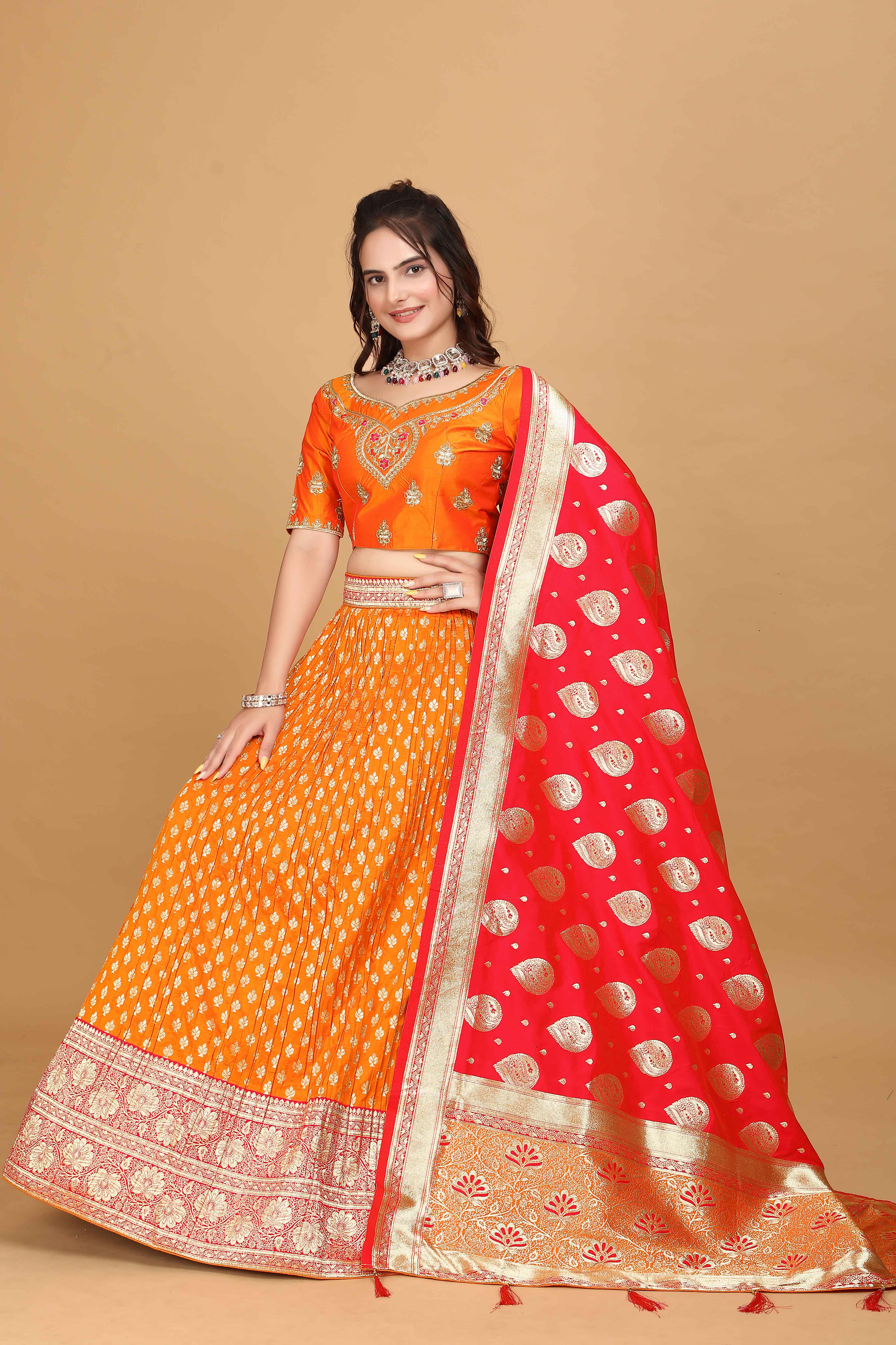 Sajli Orange Banarasi Lehenga Choli S26