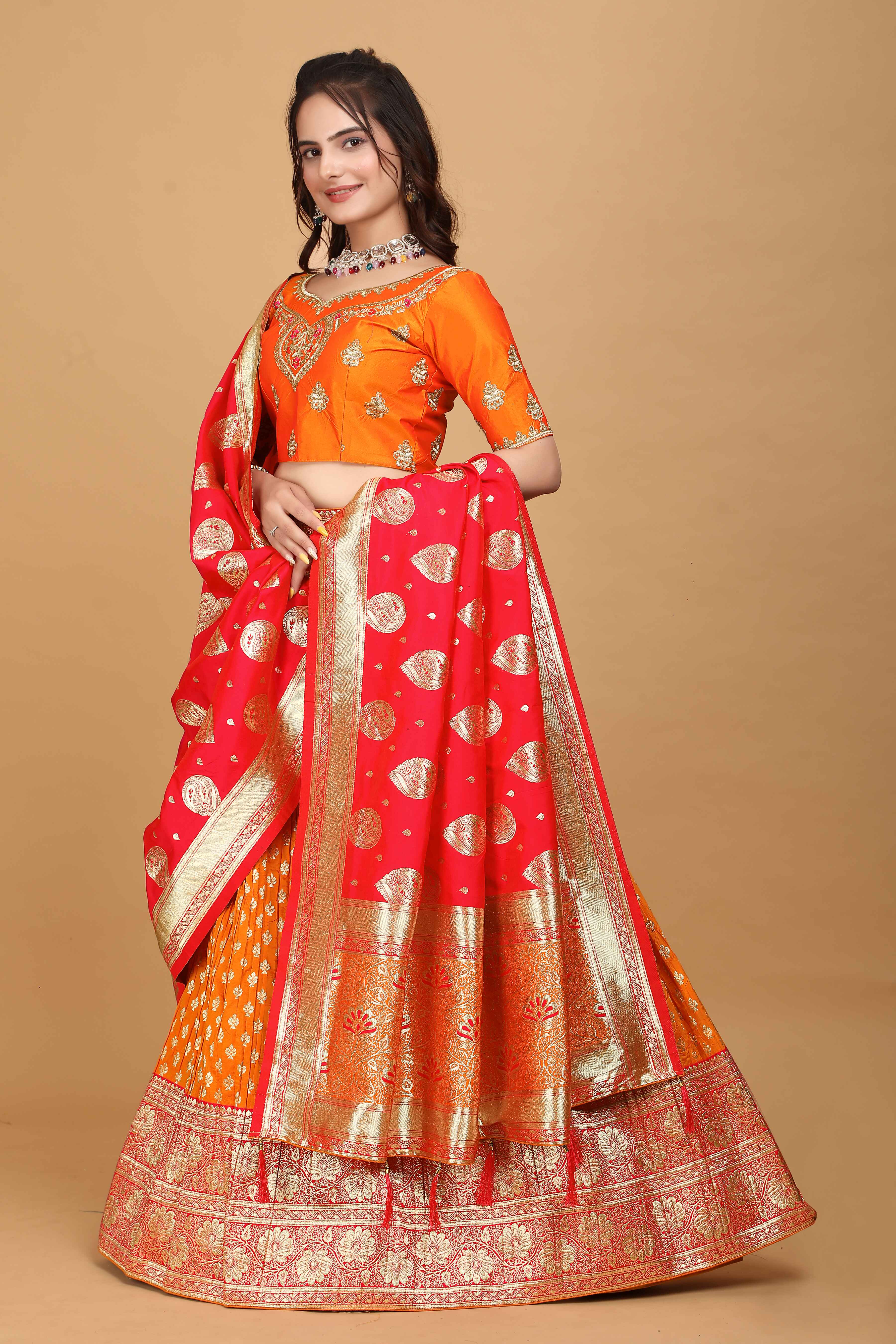 Sajli Orange Banarasi Lehenga Choli S26