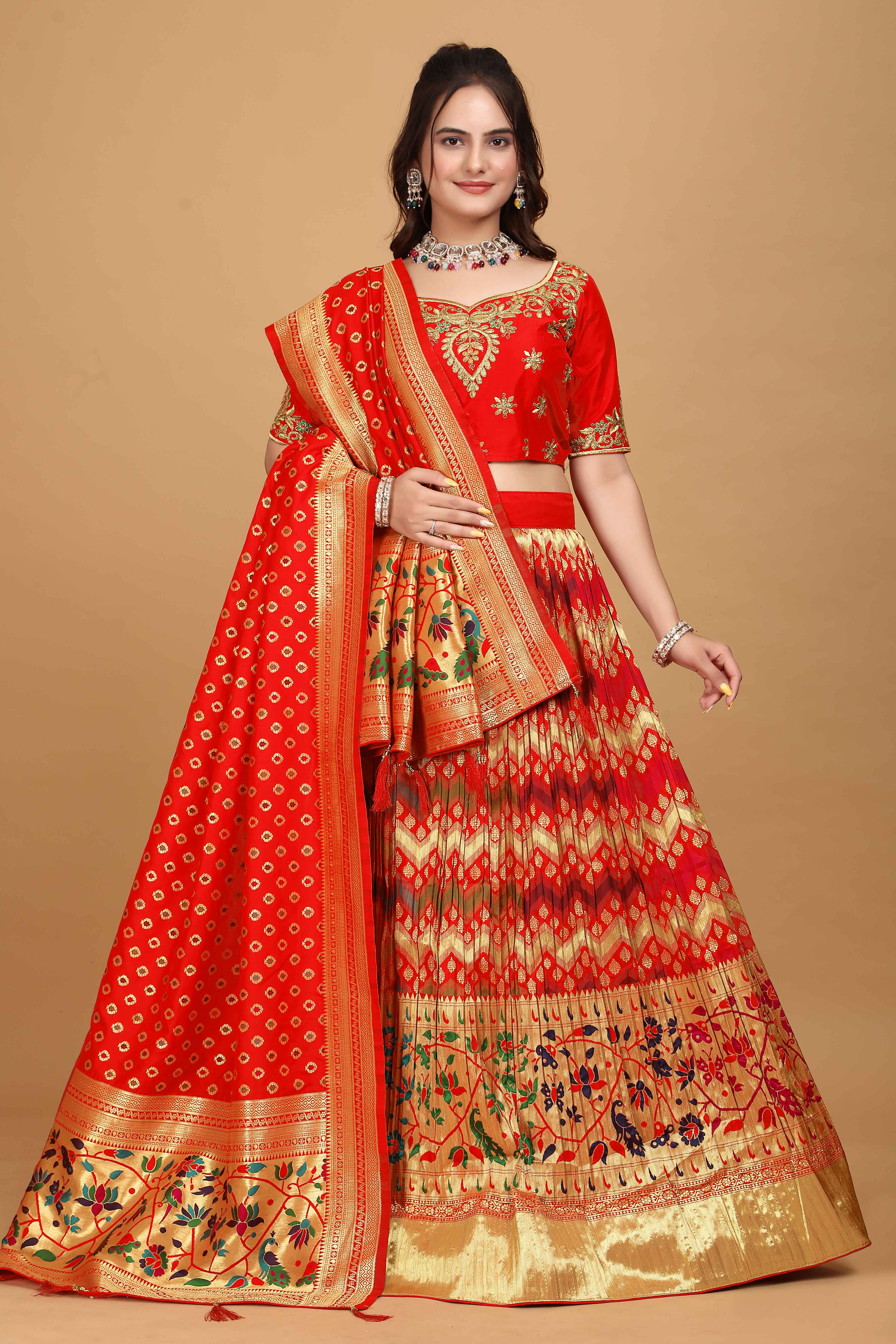 Sajli Red Banarasi Peacock Design Lehenga Choli S27