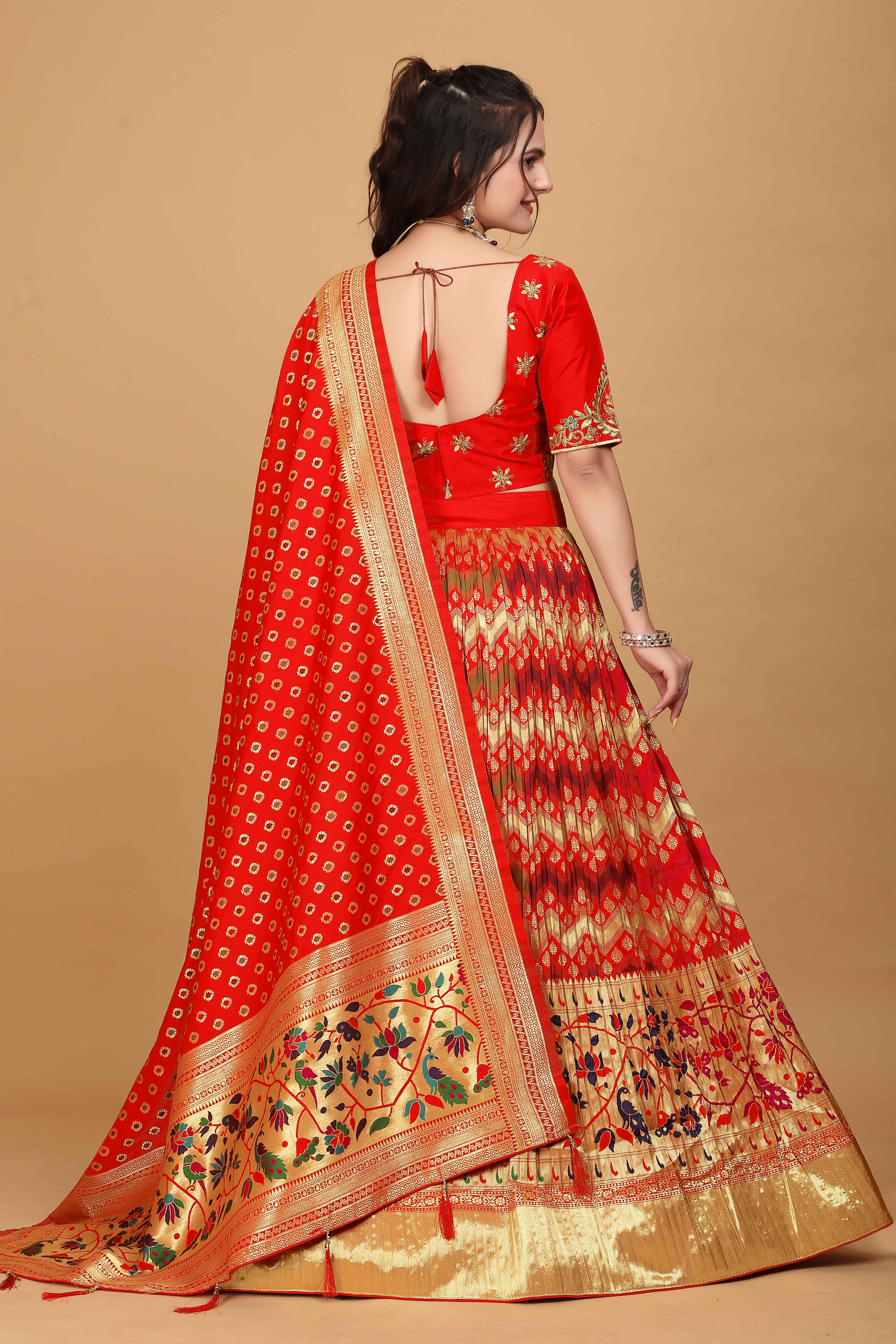 Sajli Red Banarasi Peacock Design Lehenga Choli S27