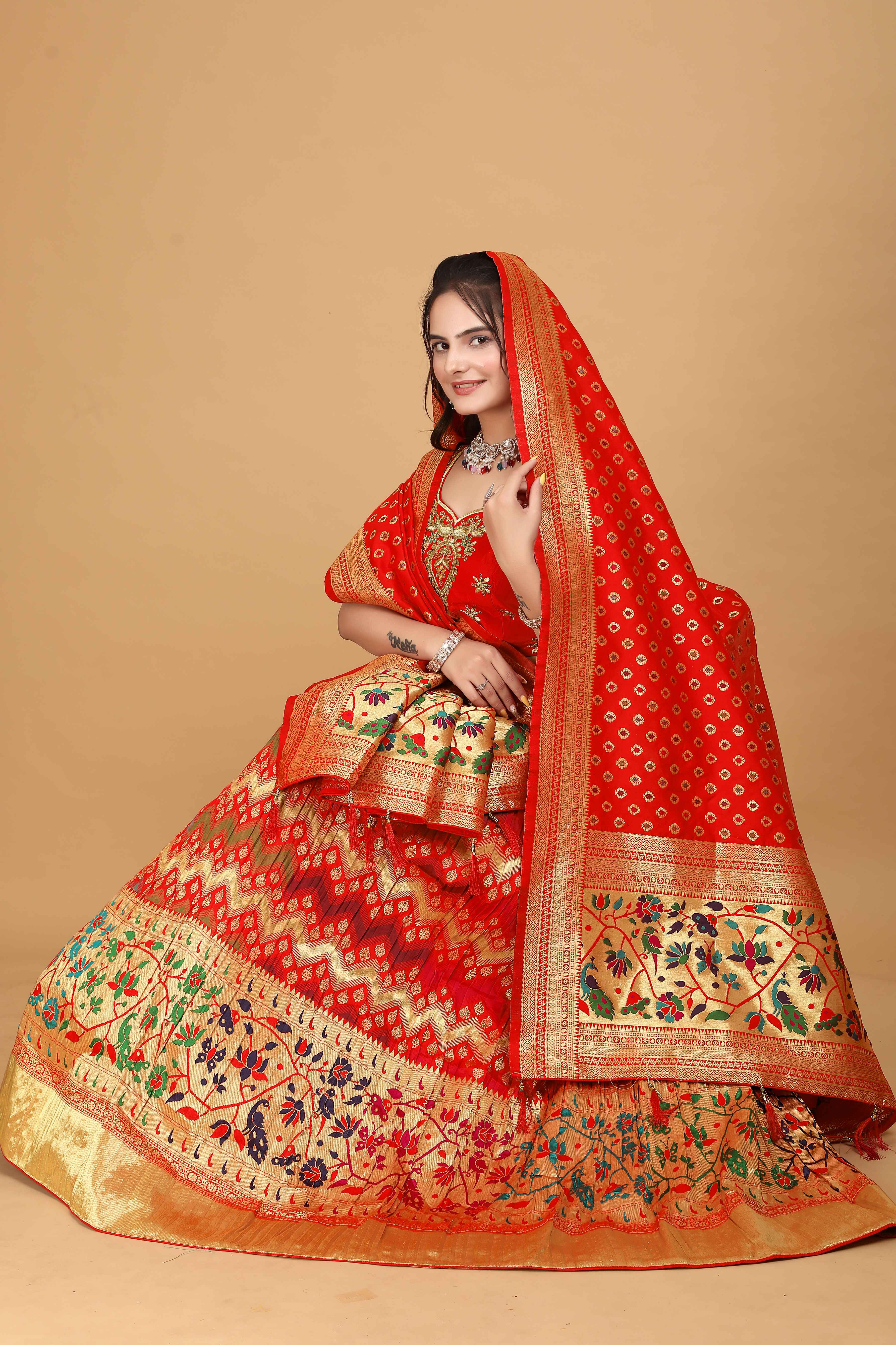 Sajli Red Banarasi Peacock Design Lehenga Choli S27