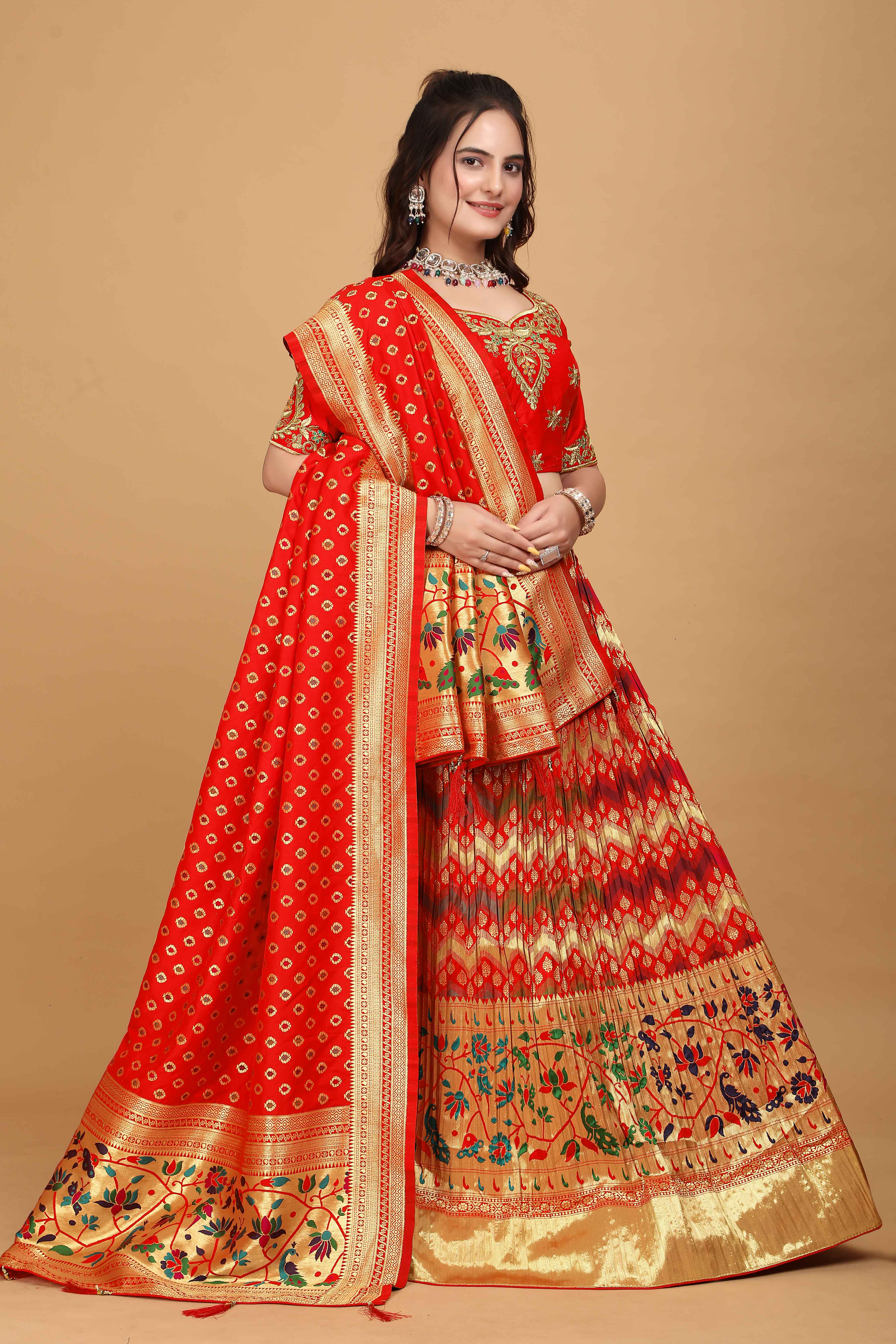 Sajli Red Banarasi Peacock Design Lehenga Choli S27