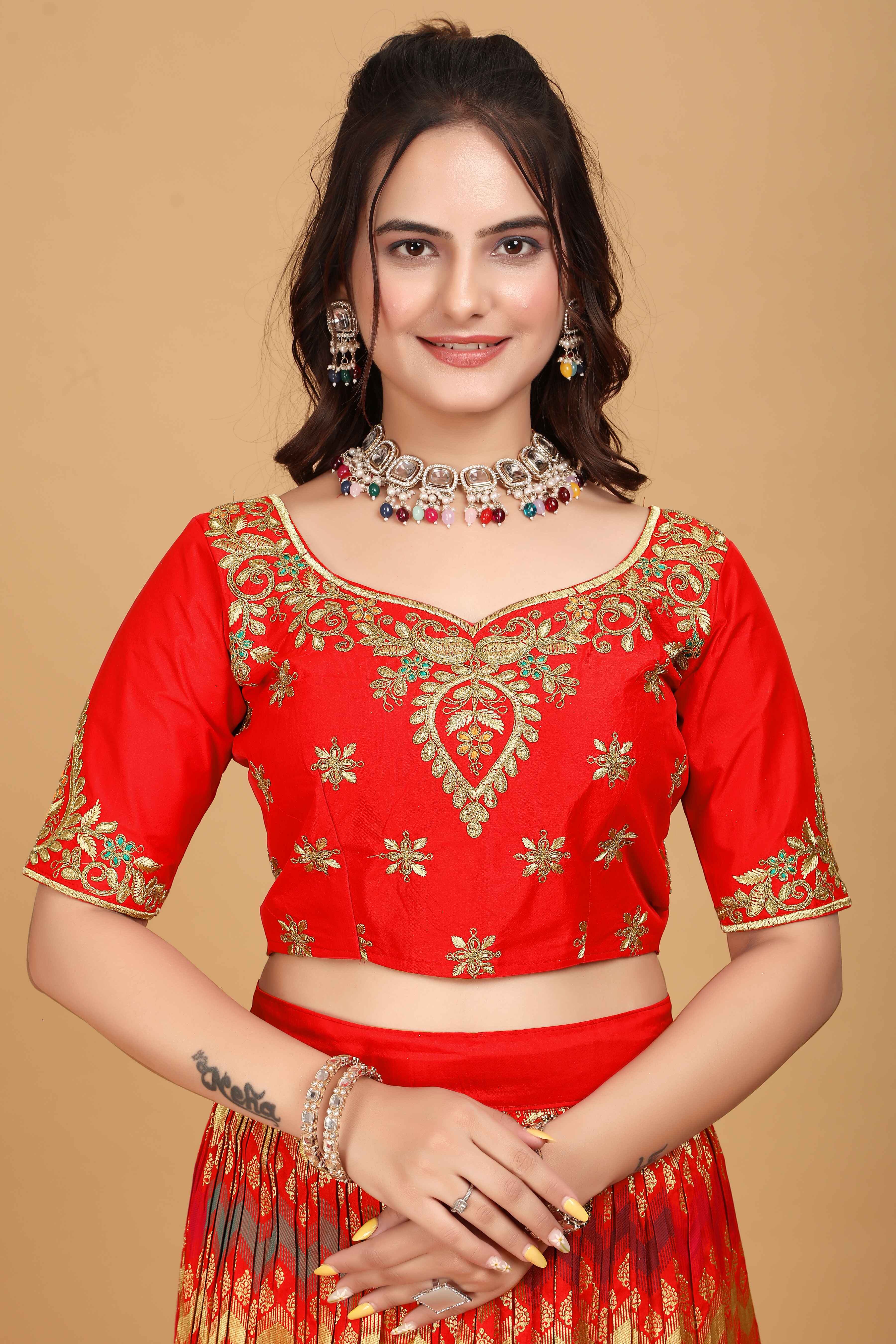 Sajli Red Banarasi Peacock Design Lehenga Choli S27