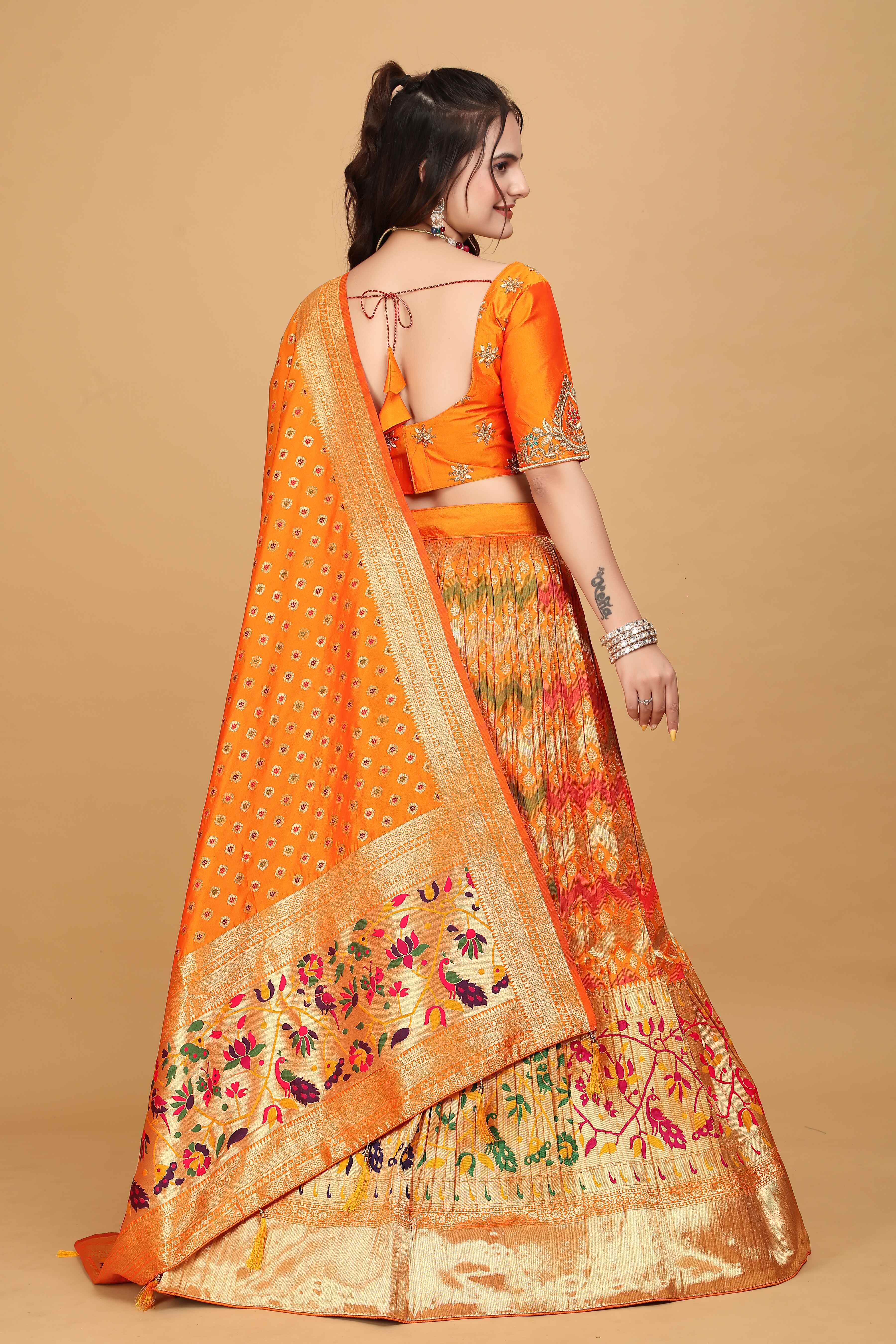 Sajli Orange Banarasi Peacock Design Lehenga Choli S28