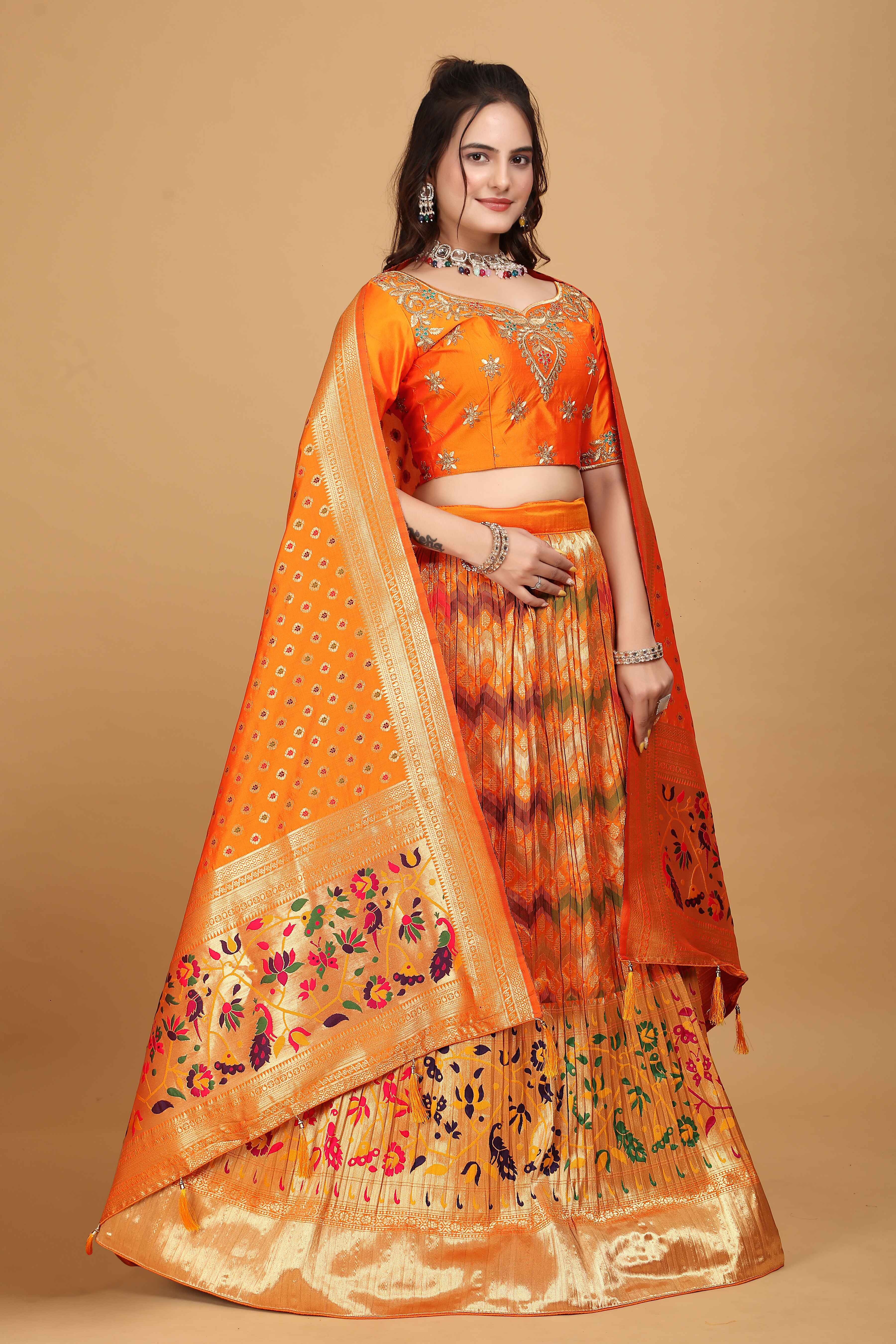 Sajli Orange Banarasi Peacock Design Lehenga Choli S28