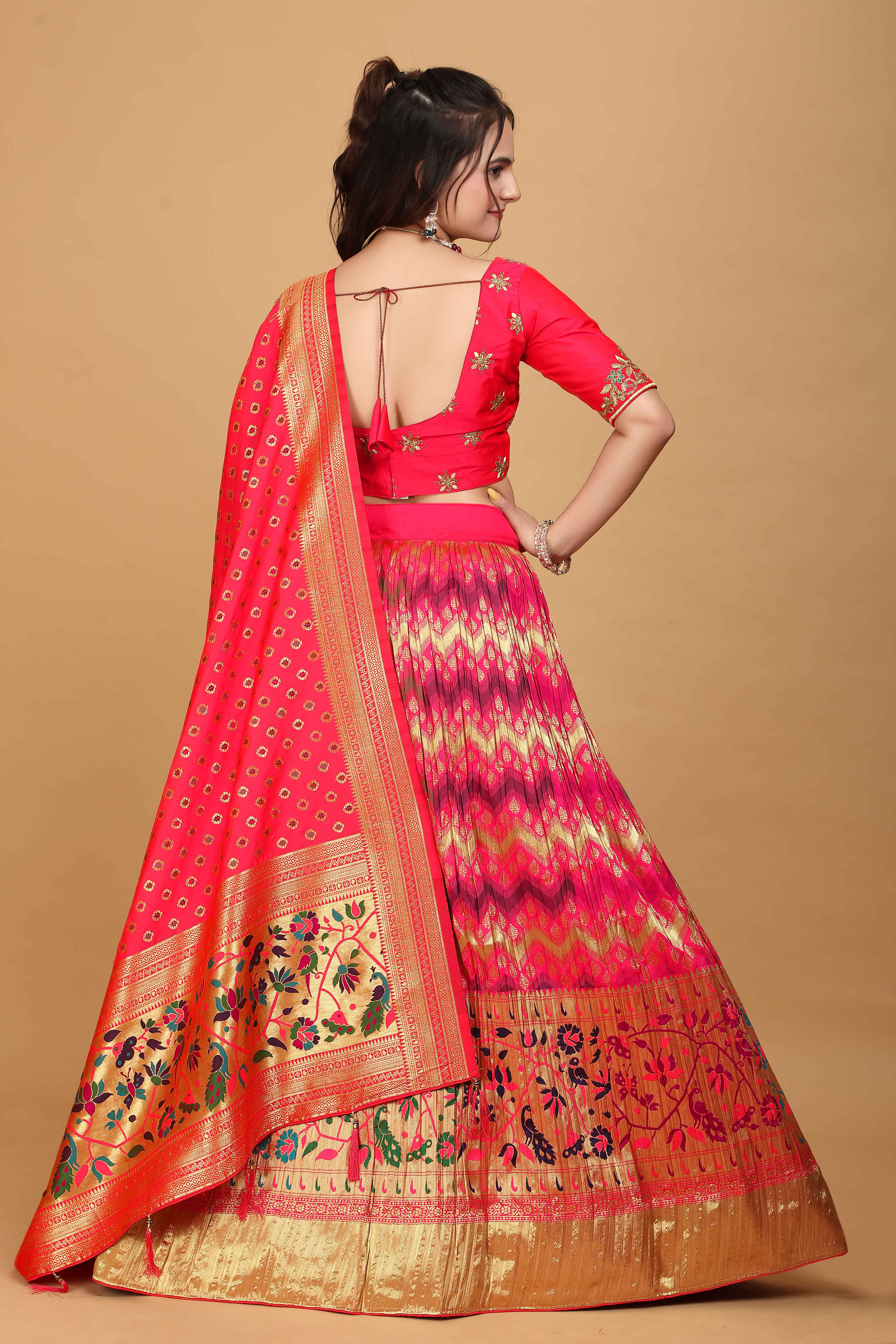 Sajli Pink Banarasi peacock Design Lehenga Choli S30