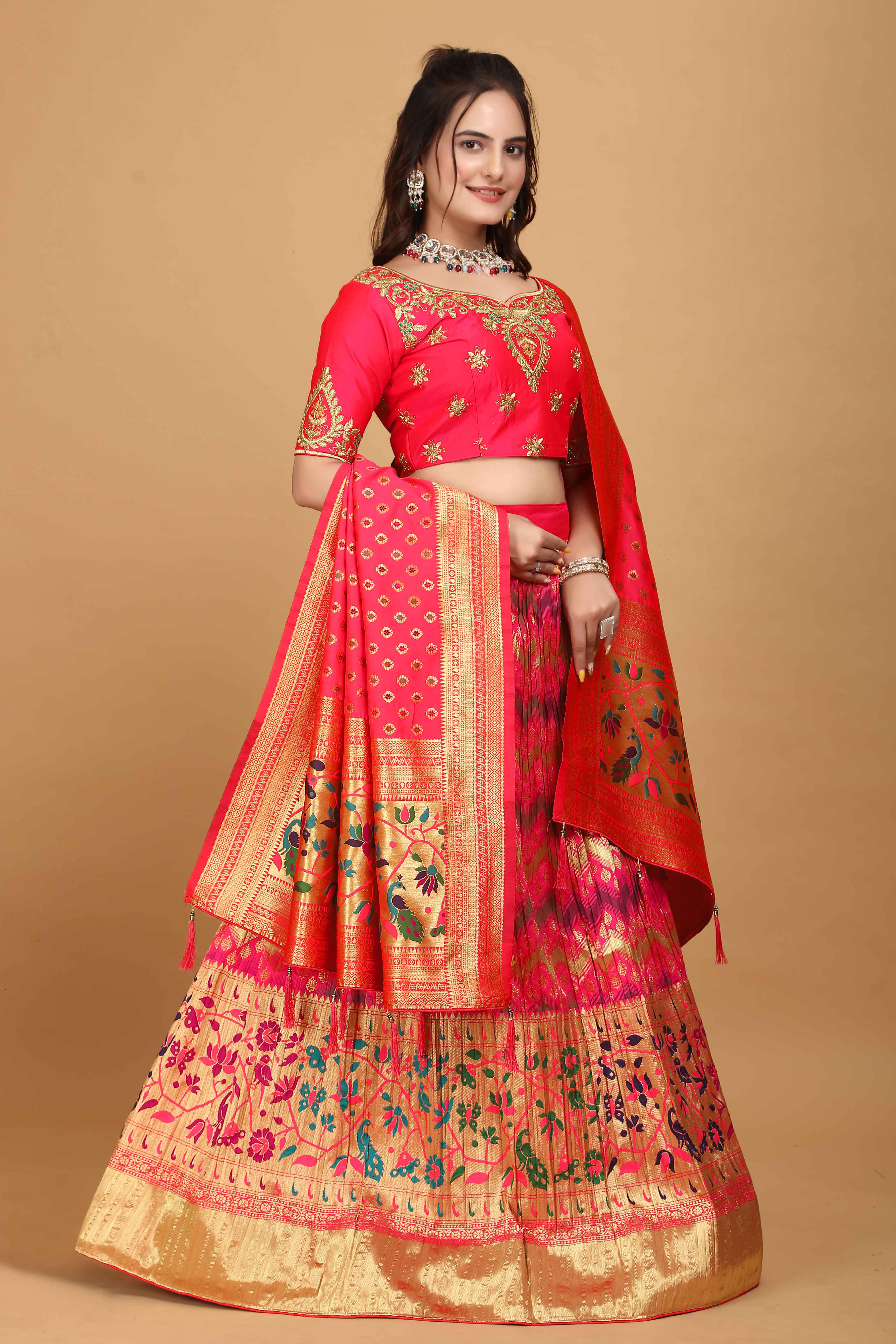 Sajli Pink Banarasi peacock Design Lehenga Choli S30