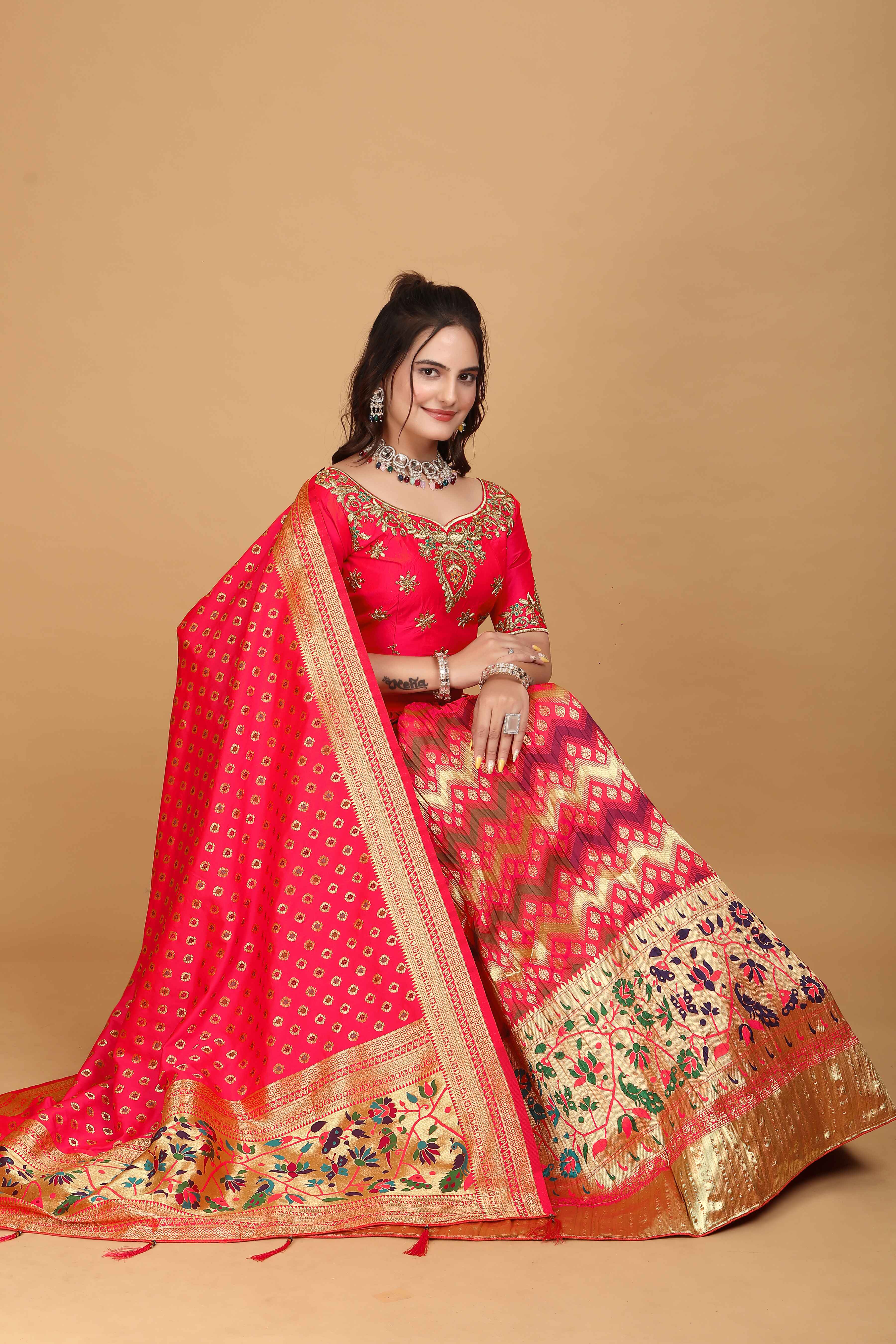 Sajli Pink Banarasi peacock Design Lehenga Choli S30