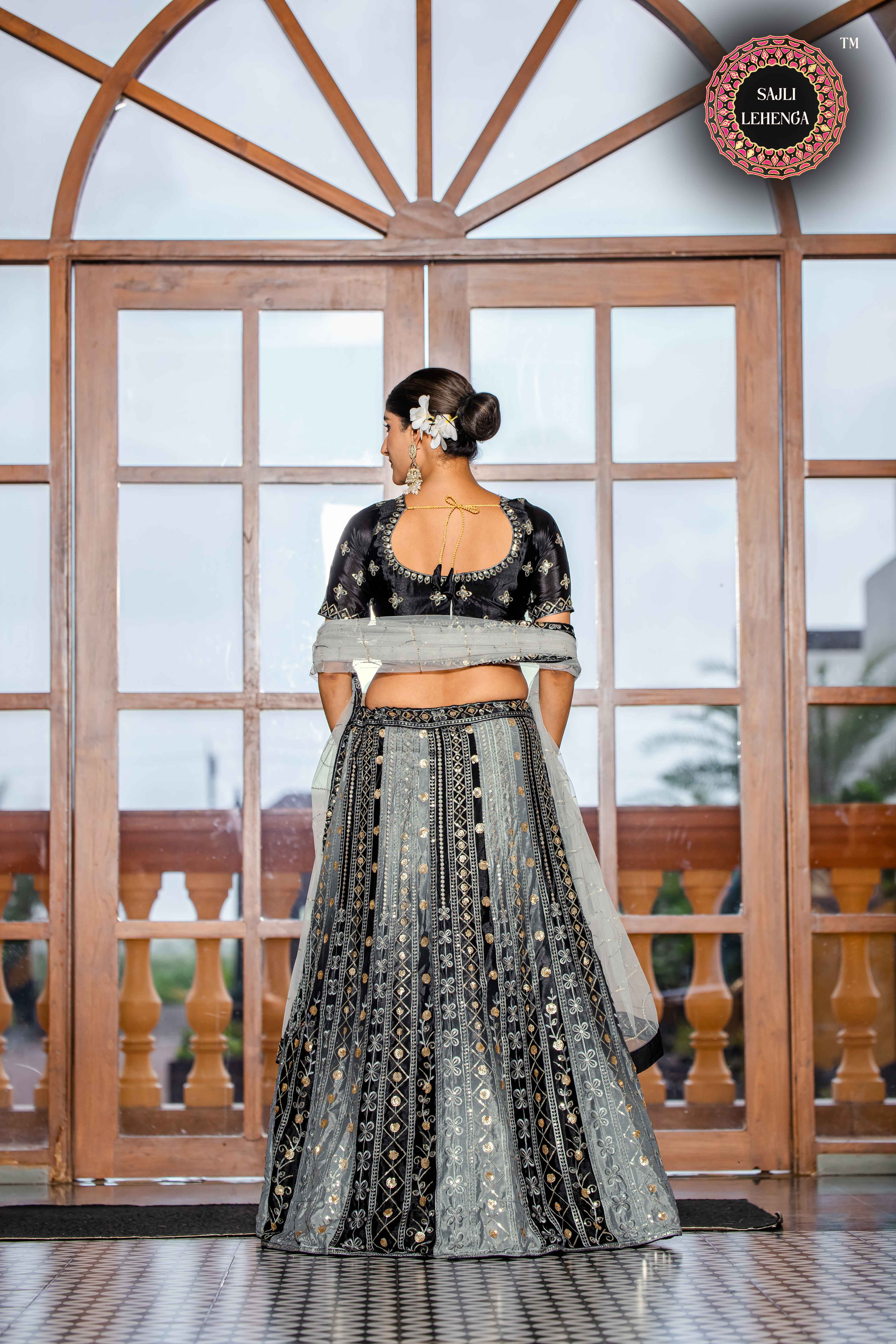 Sajli Black and Grey Chinon Padding Lehenga Choli with Net Dupatta Set S34