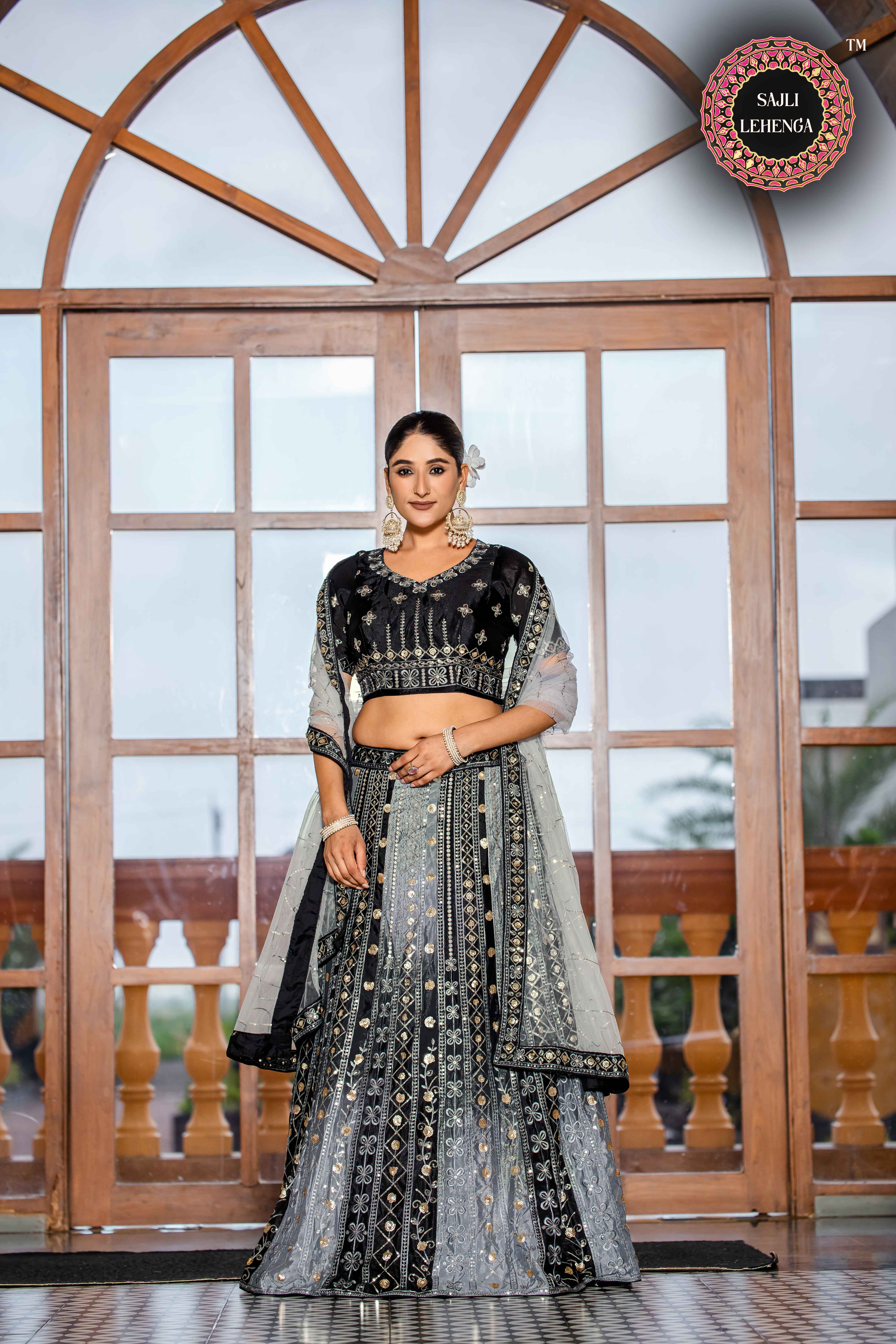 Sajli Black and Grey Chinon Padding Lehenga Choli with Net Dupatta Set S34