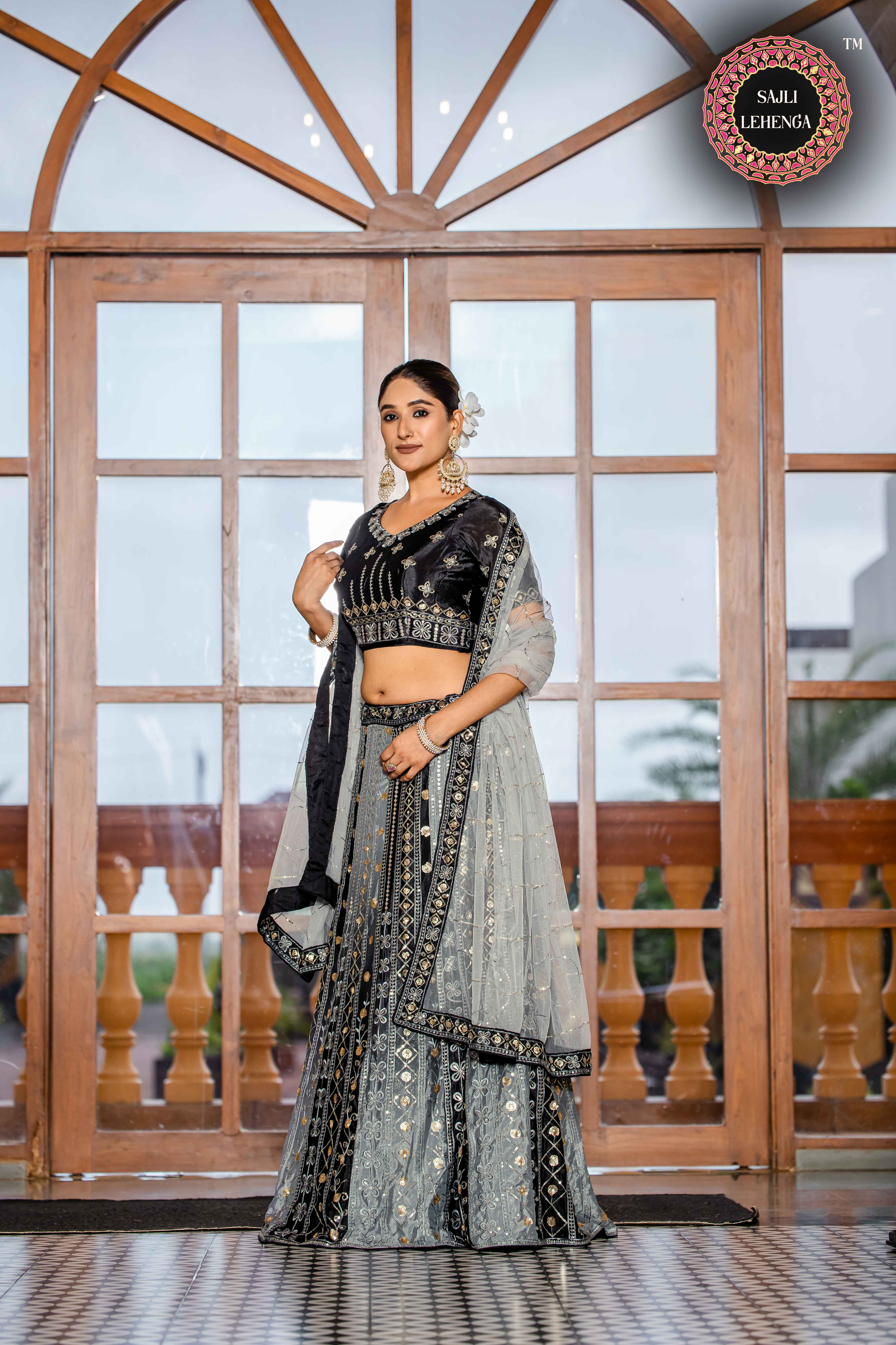 Sajli Black and Grey Chinon Padding Lehenga Choli with Net Dupatta Set S34