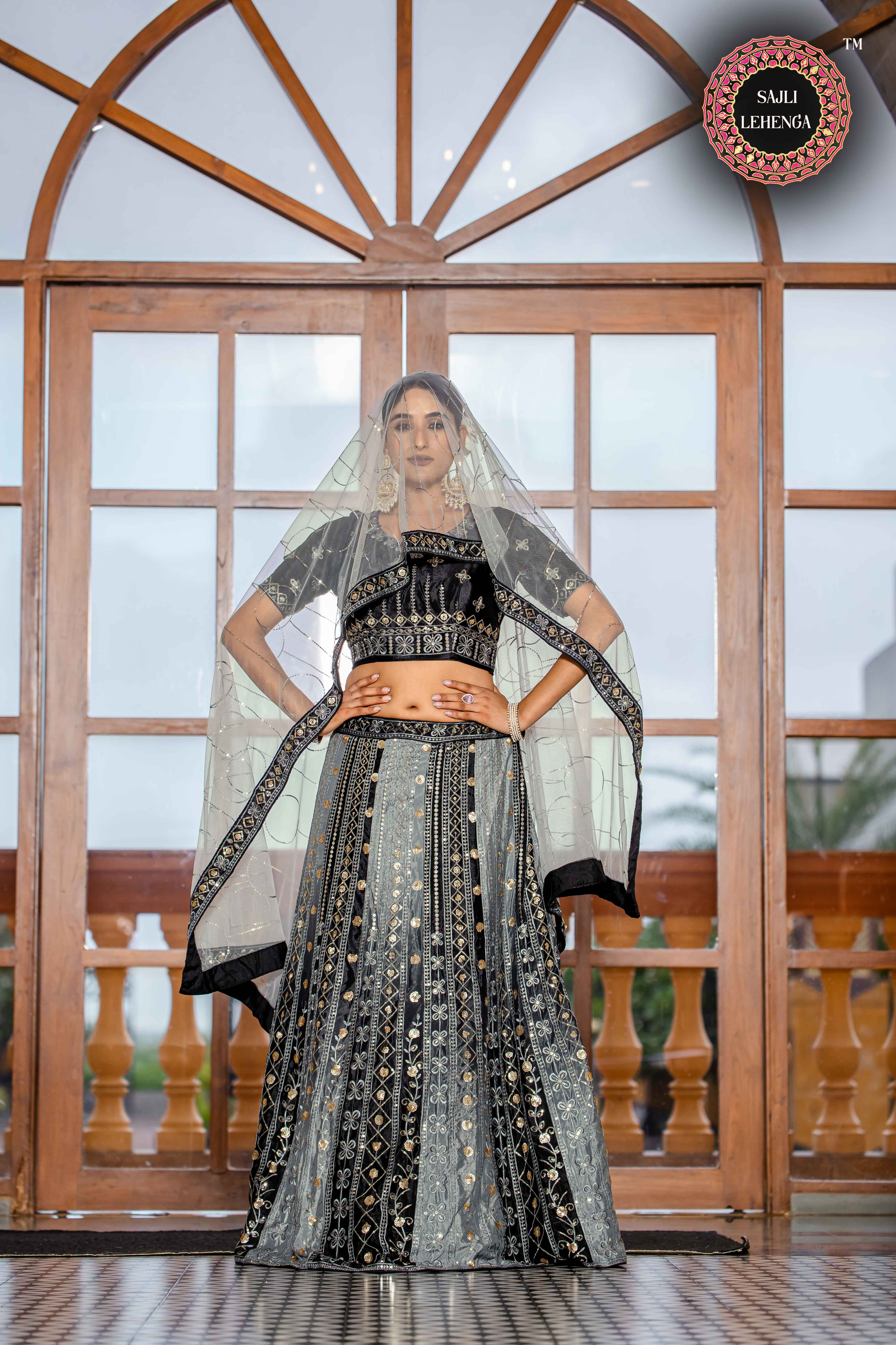 Sajli Black and Grey Chinon Padding Lehenga Choli with Net Dupatta Set S34