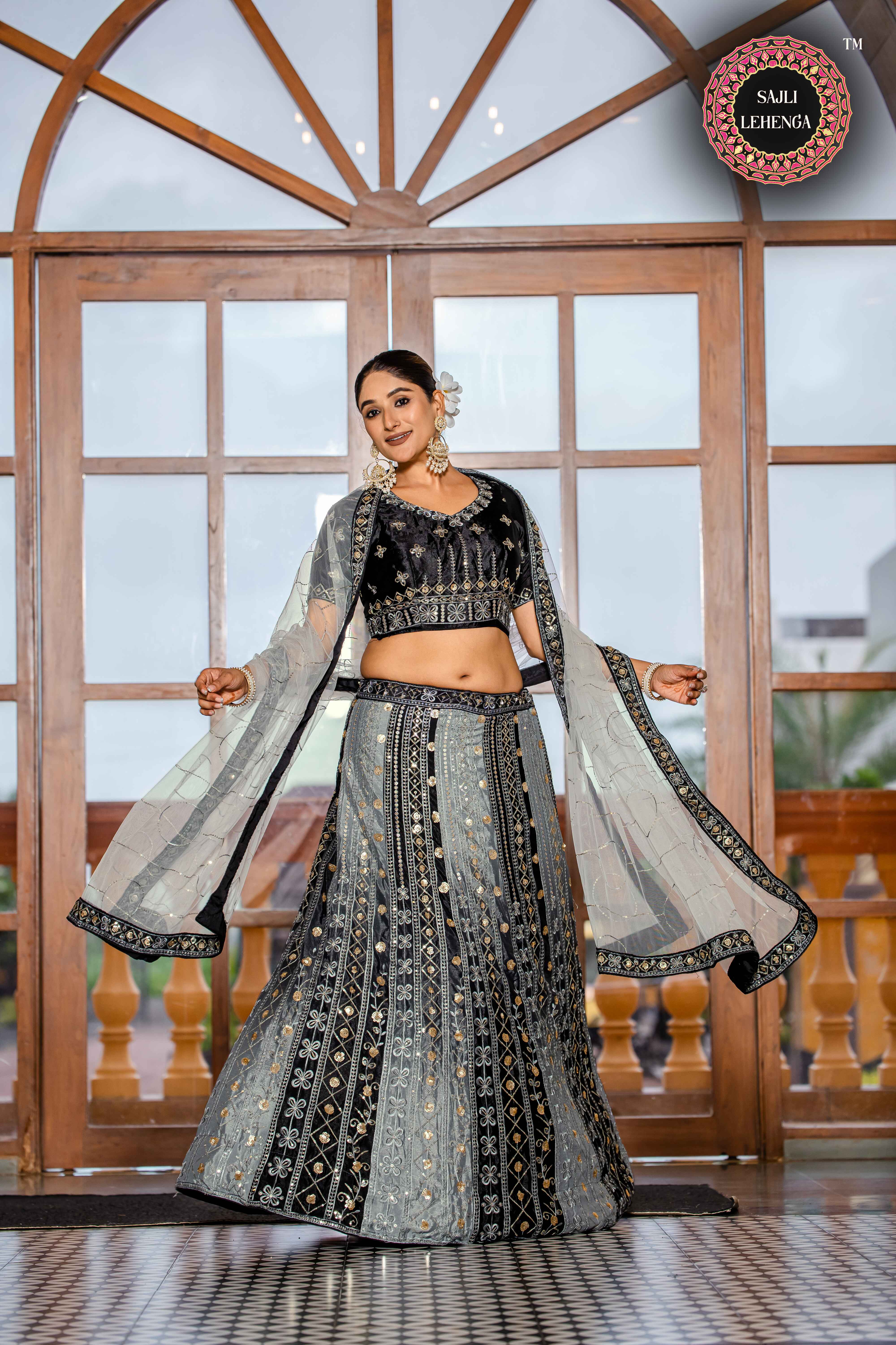 Sajli Black and Grey Chinon Padding Lehenga Choli with Net Dupatta Set S34