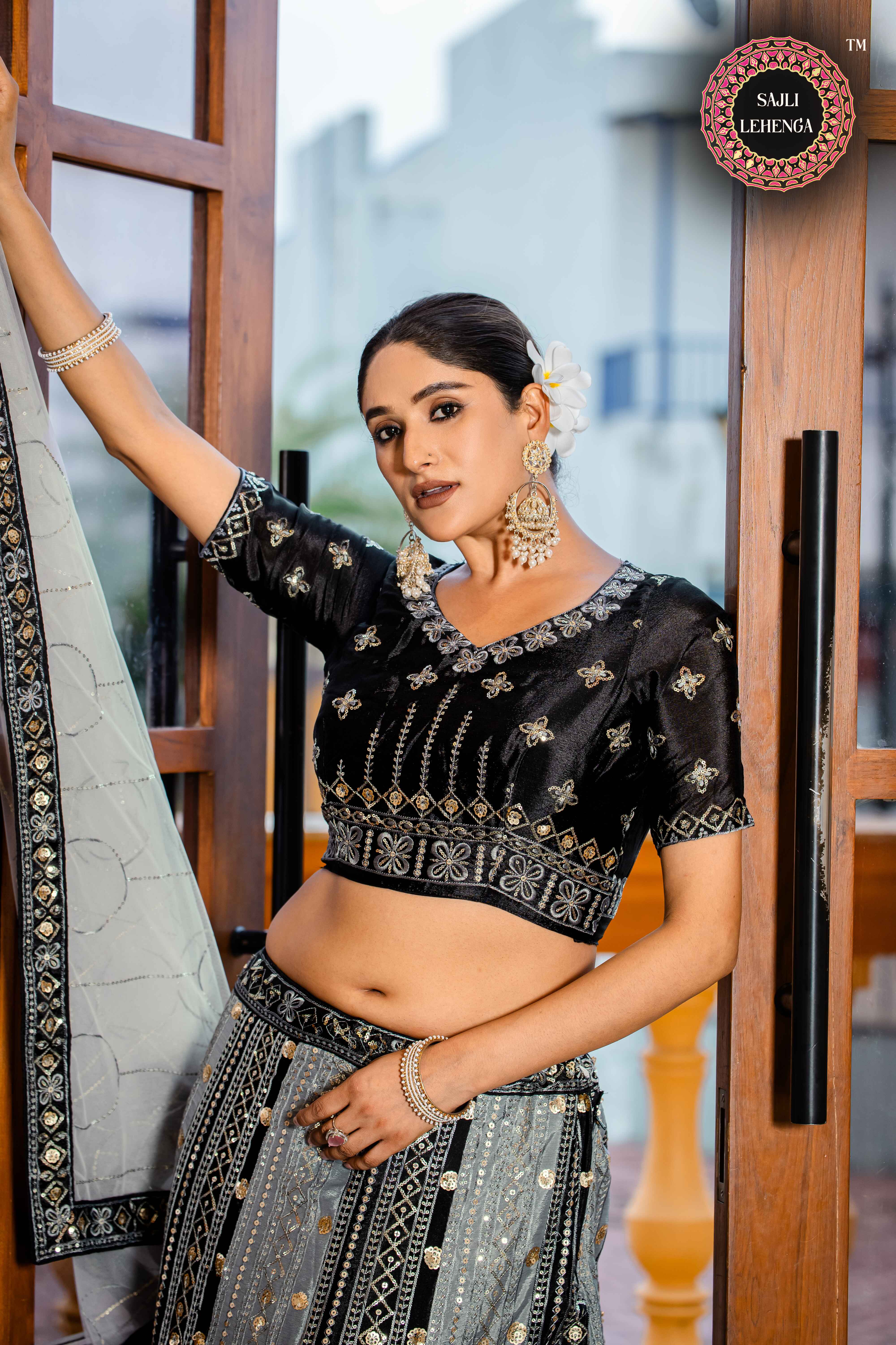 Sajli Black and Grey Chinon Padding Lehenga Choli with Net Dupatta Set S34