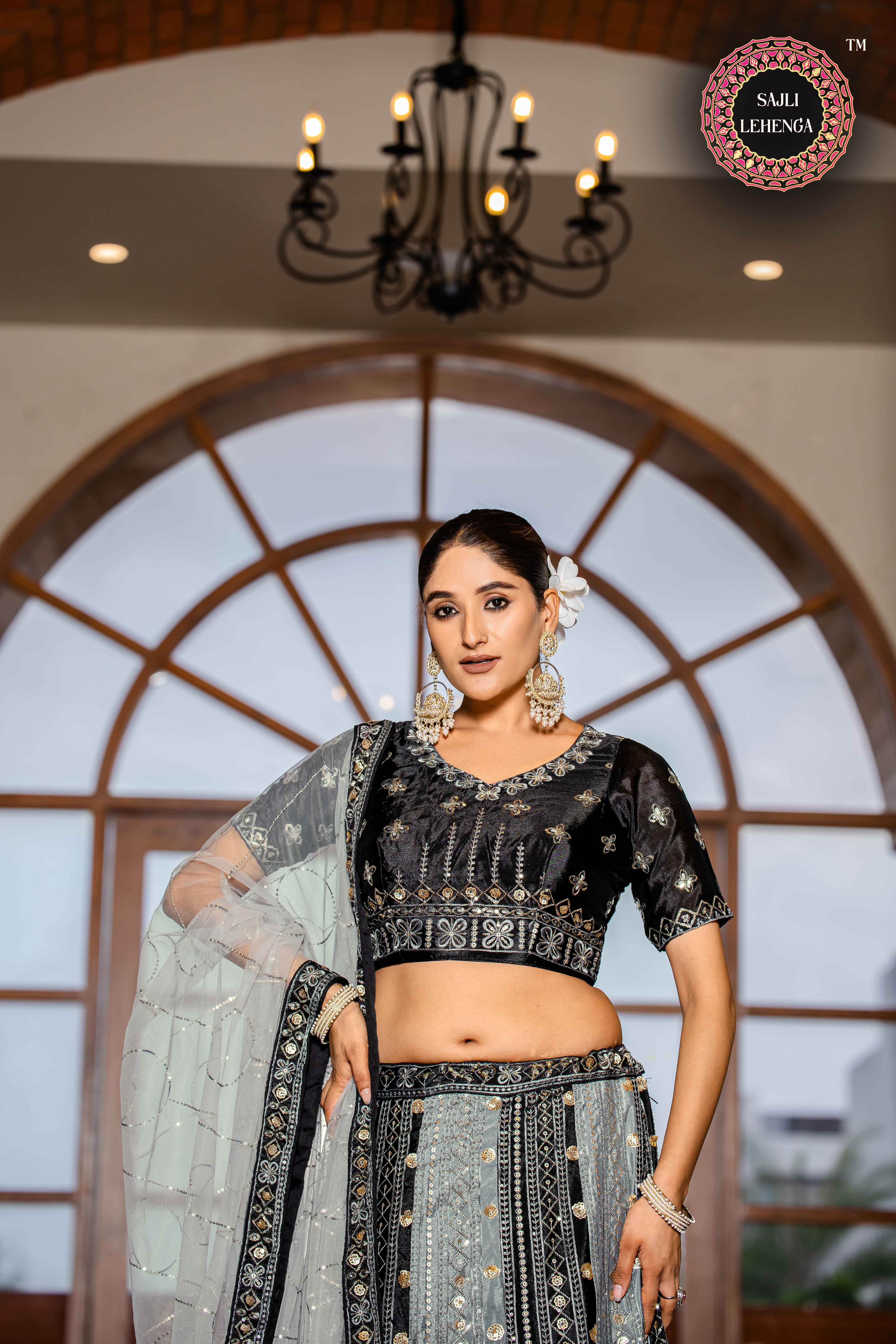 Sajli Black and Grey Chinon Padding Lehenga Choli with Net Dupatta Set S34