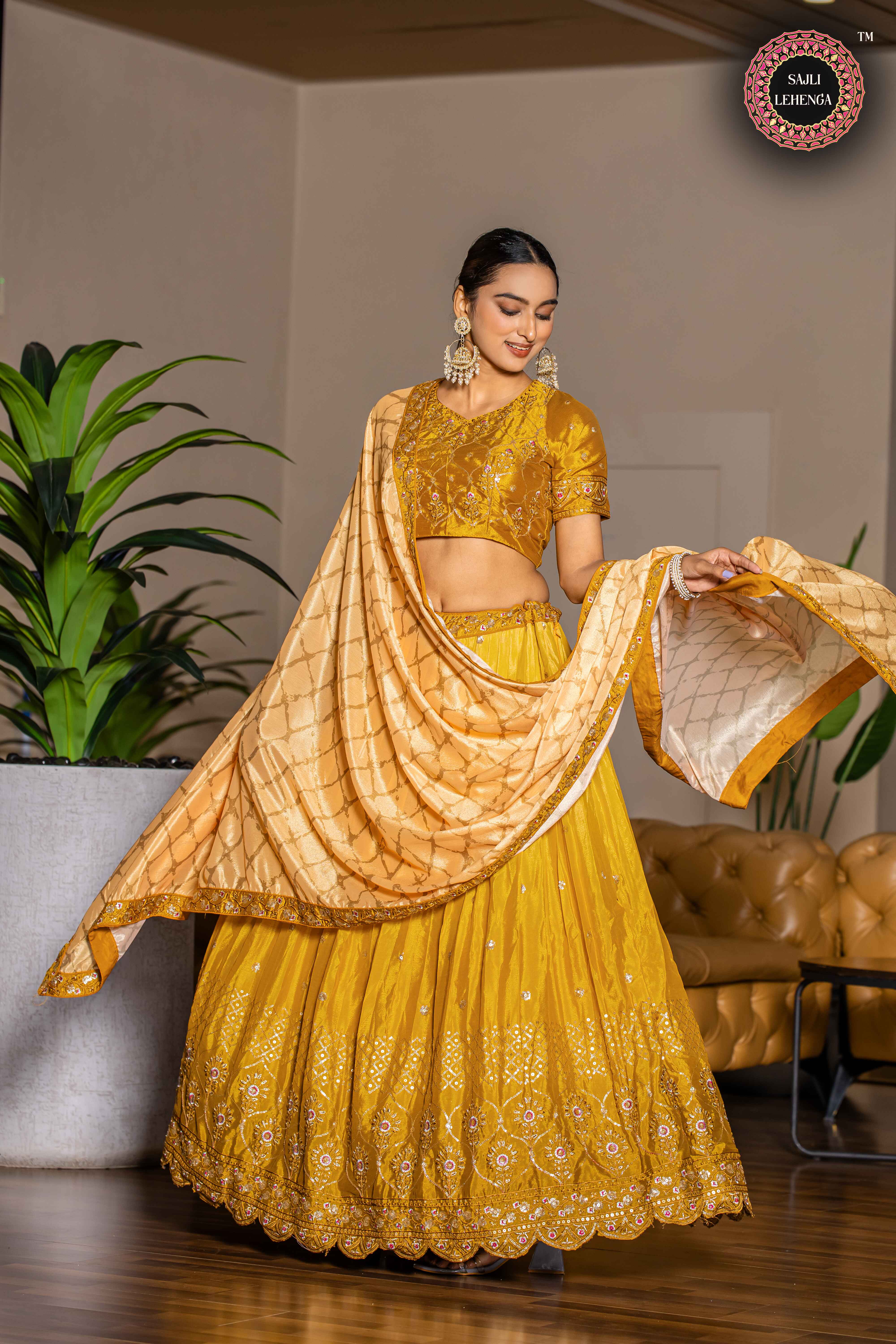 Sajli Yellow Chinon Lehenga Choli With Digital Print Dupatta Set S35