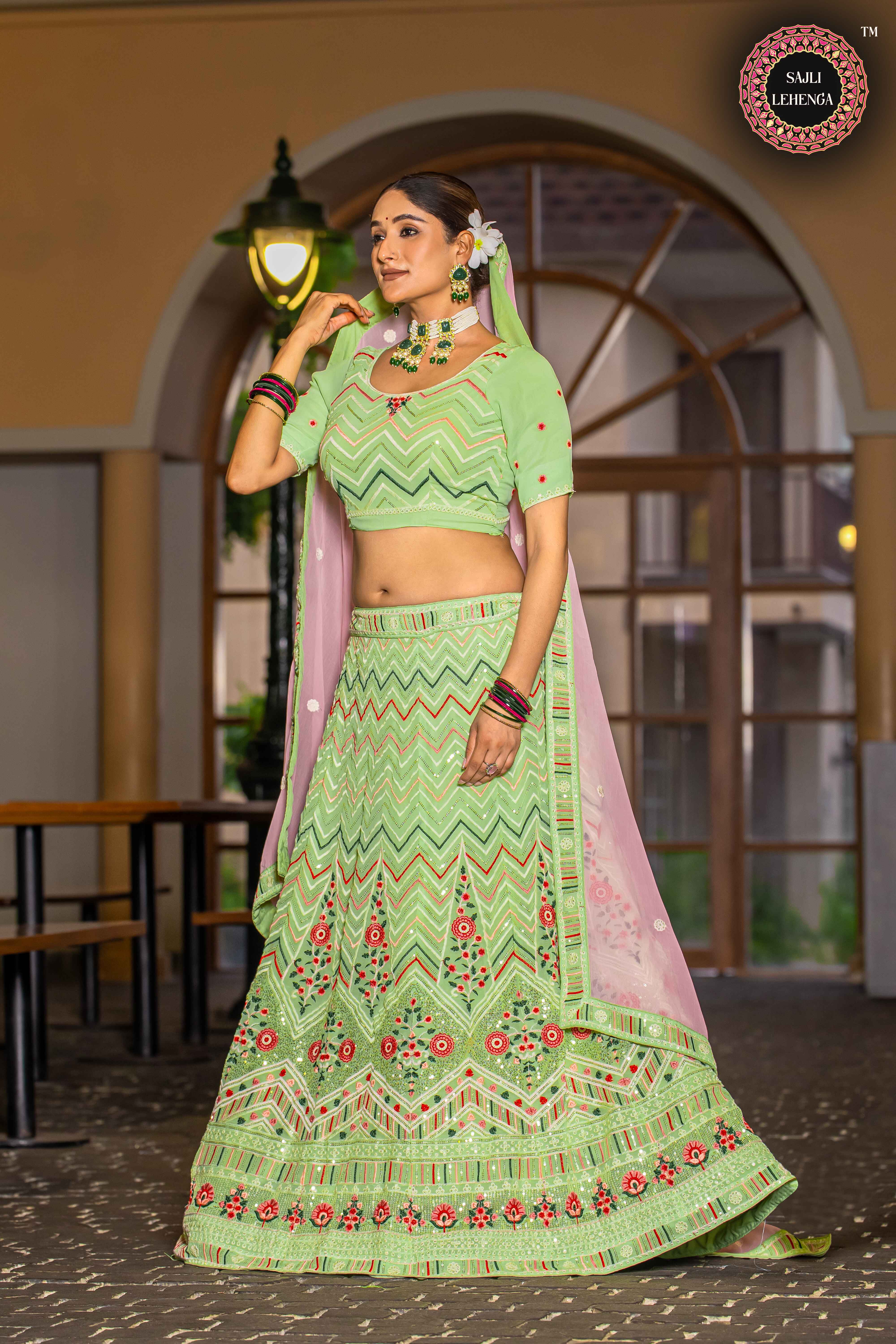 Sajli Pista Georgette Lehenga Choli With Pink Georgette Dupatta Set S36