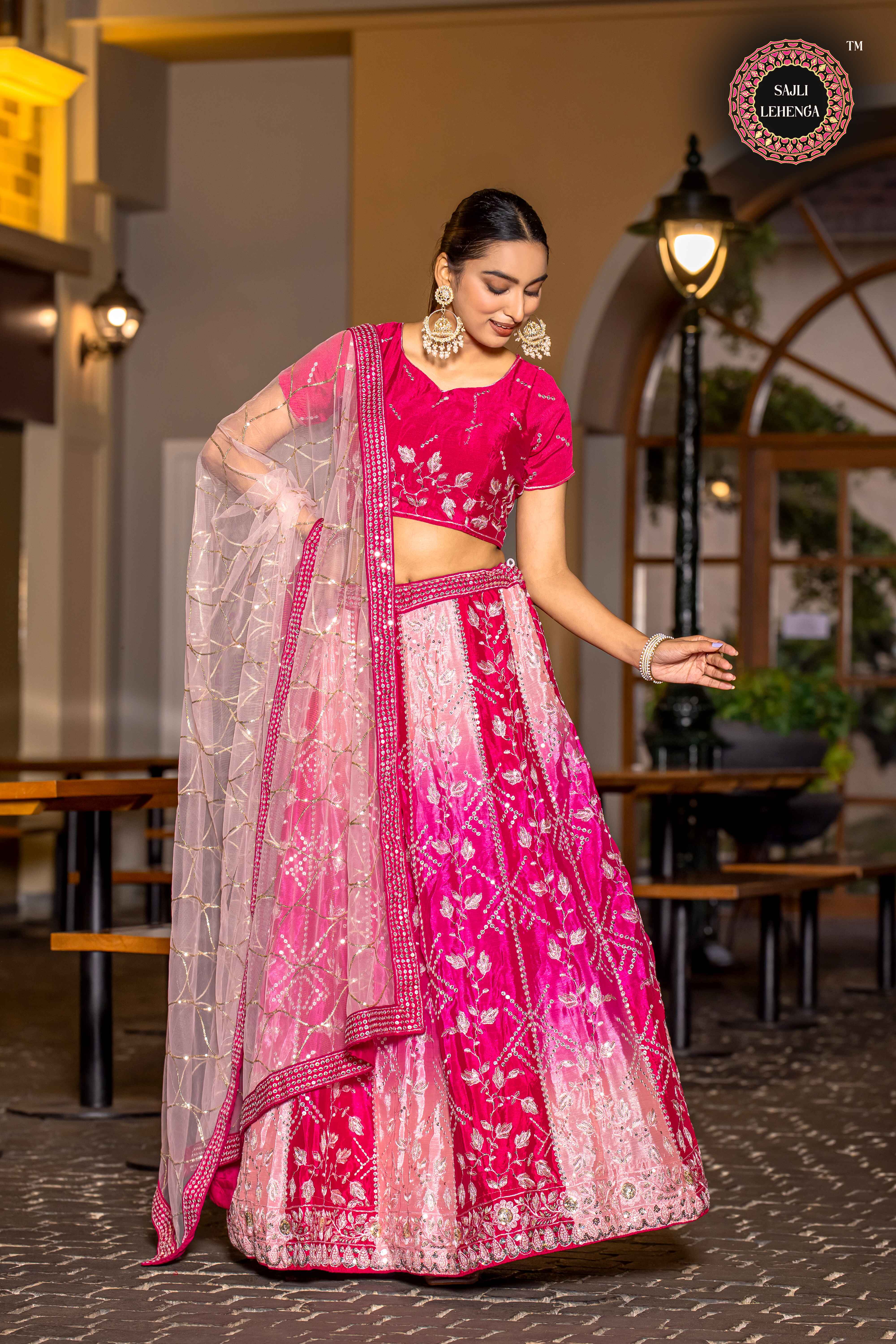 Sajli Pink Chinon Padding Lehenga Choli With Net Dupatta Set S37