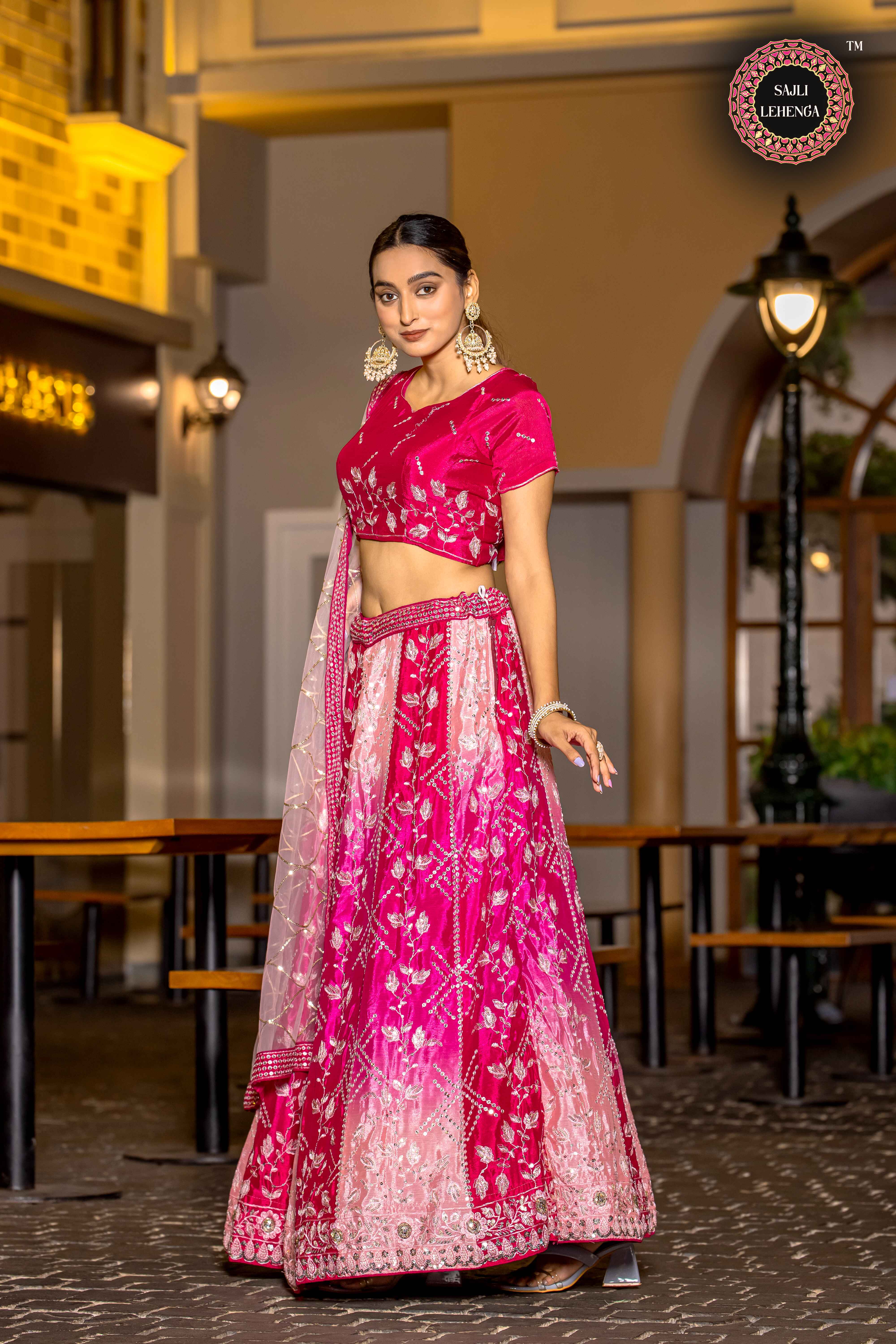 Sajli Pink Chinon Padding Lehenga Choli With Net Dupatta Set S37