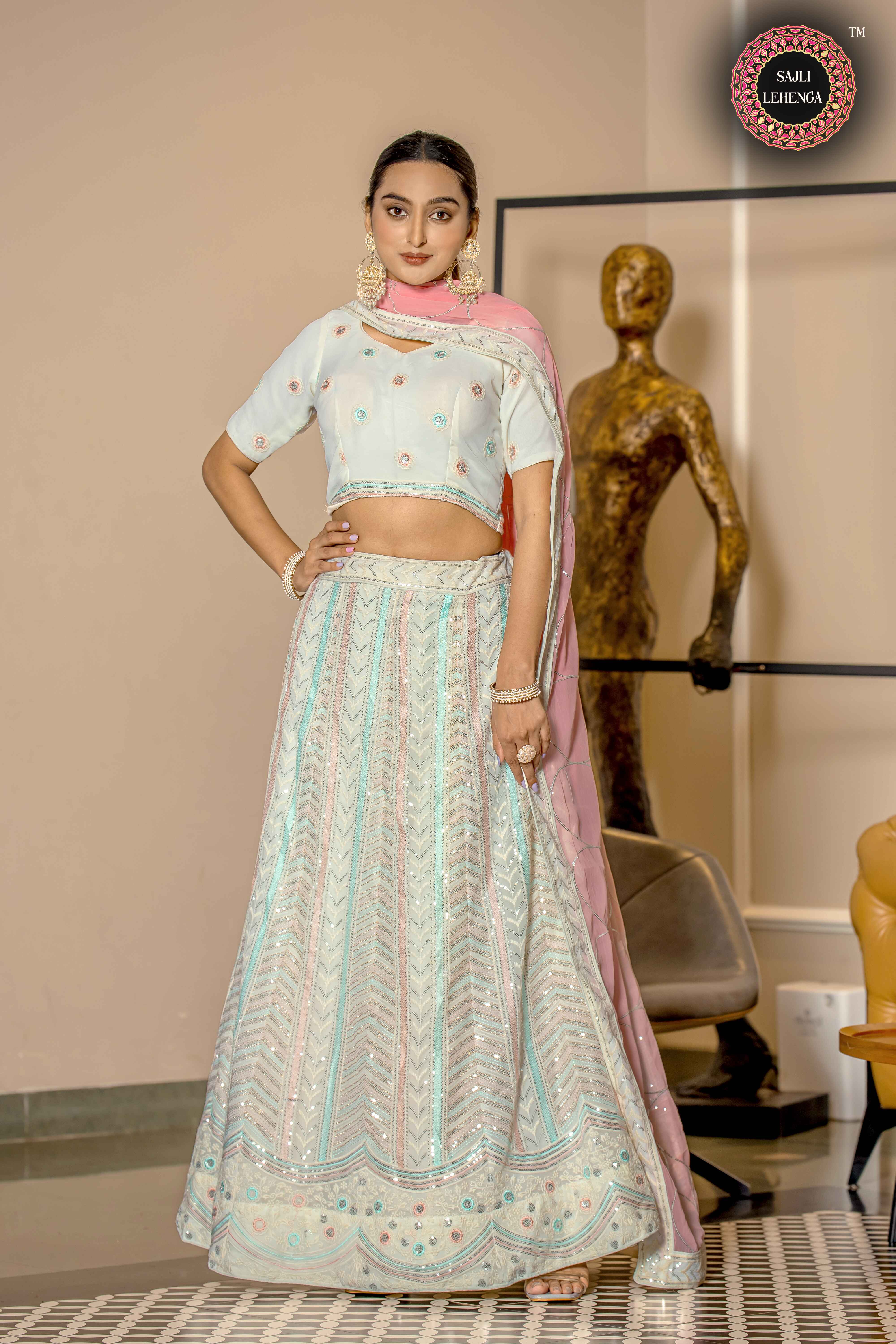 Sajli White Georgette Lehenga Choli With Pink Georgette Dupatta Set S38