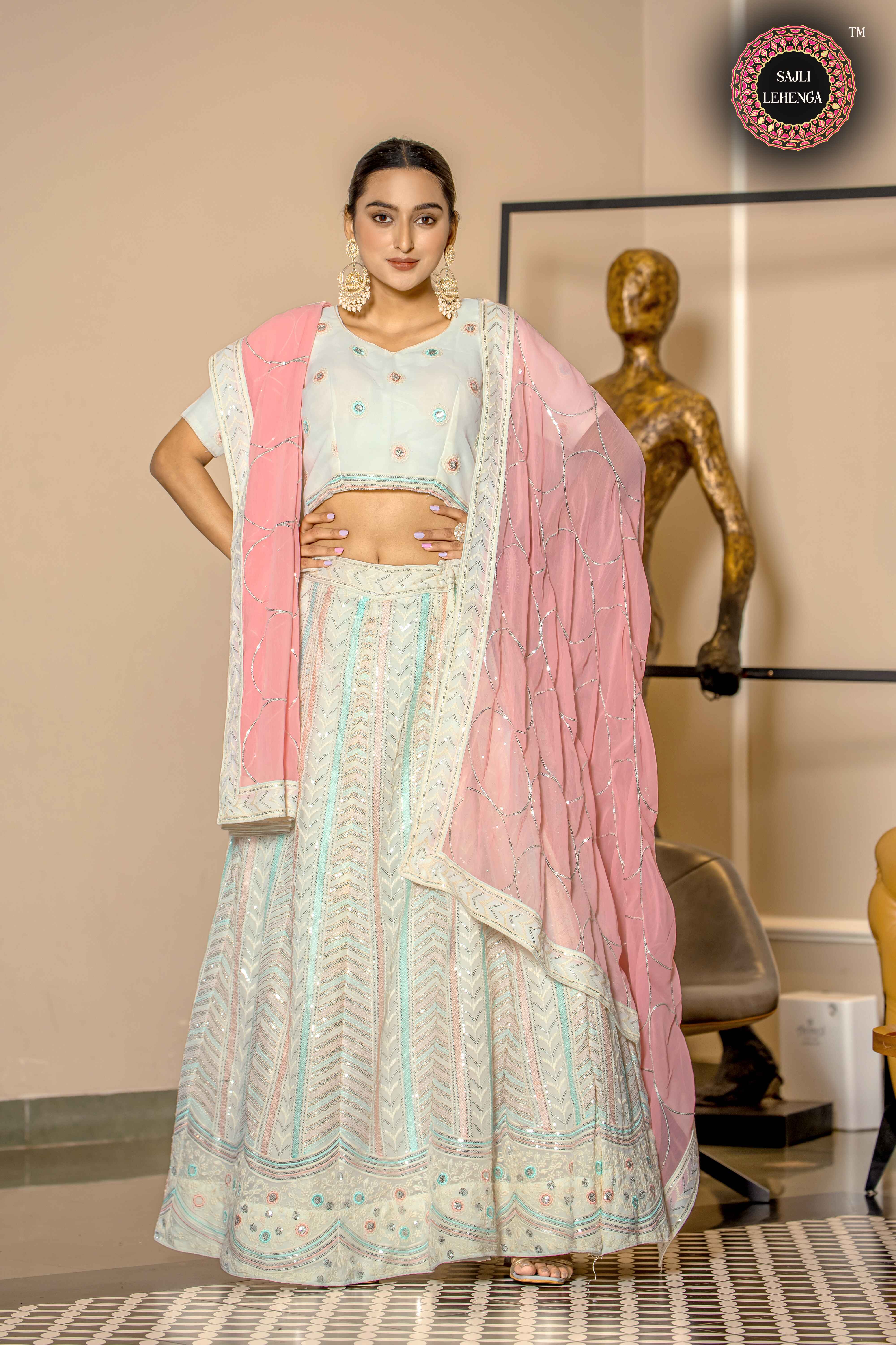 Sajli White Georgette Lehenga Choli With Pink Georgette Dupatta Set S38