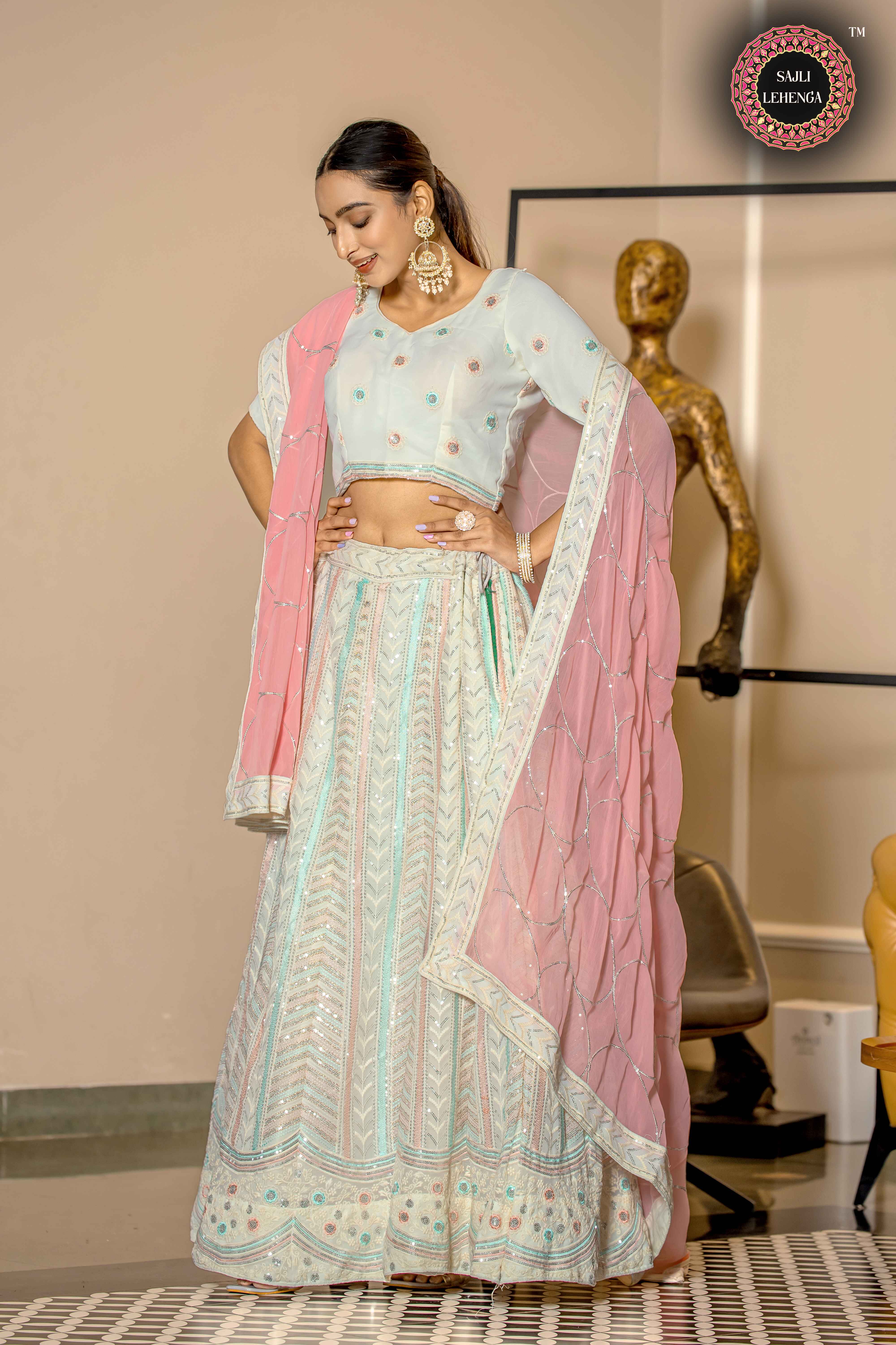 Sajli White Georgette Lehenga Choli With Pink Georgette Dupatta Set S38