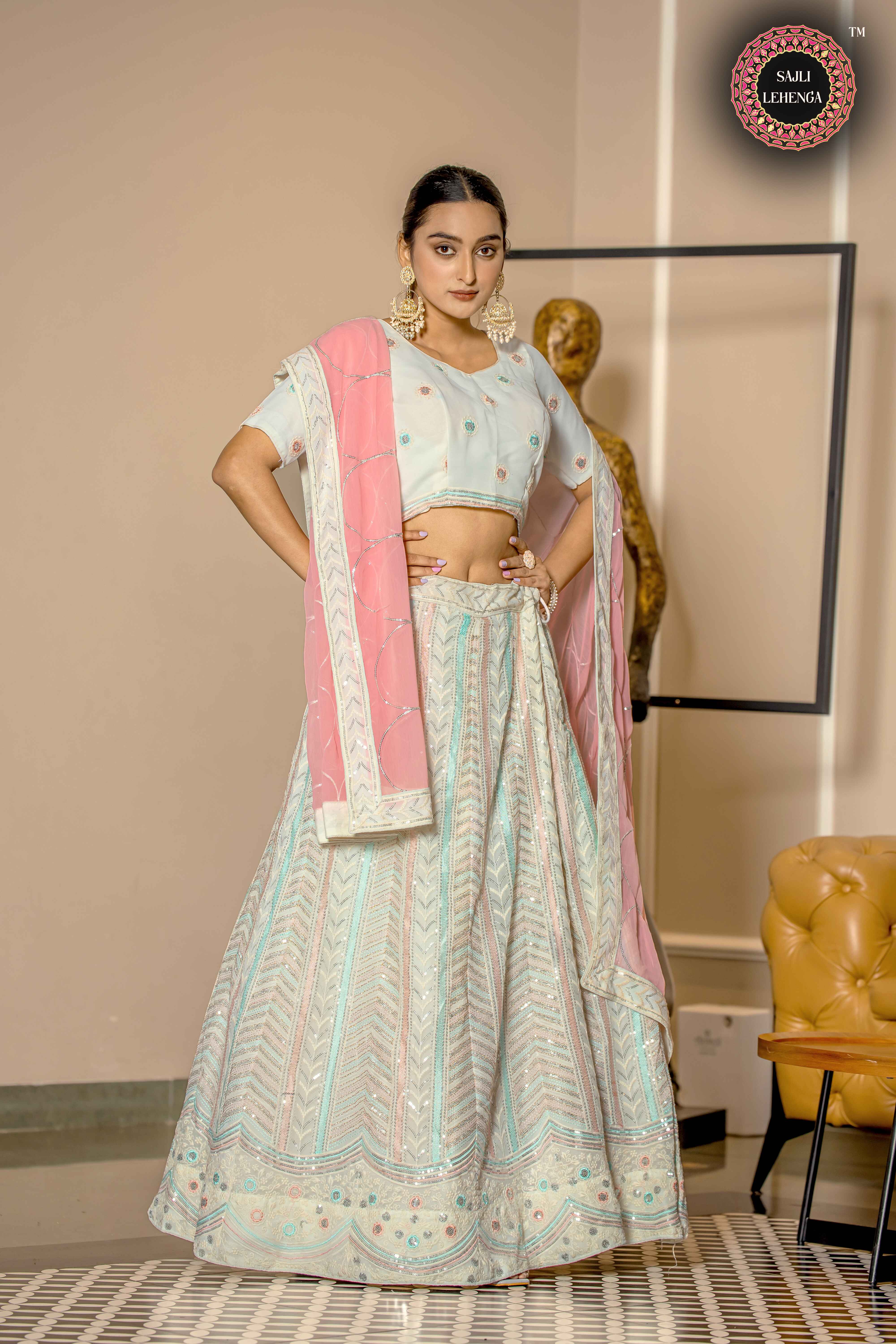 Sajli White Georgette Lehenga Choli With Pink Georgette Dupatta Set S38