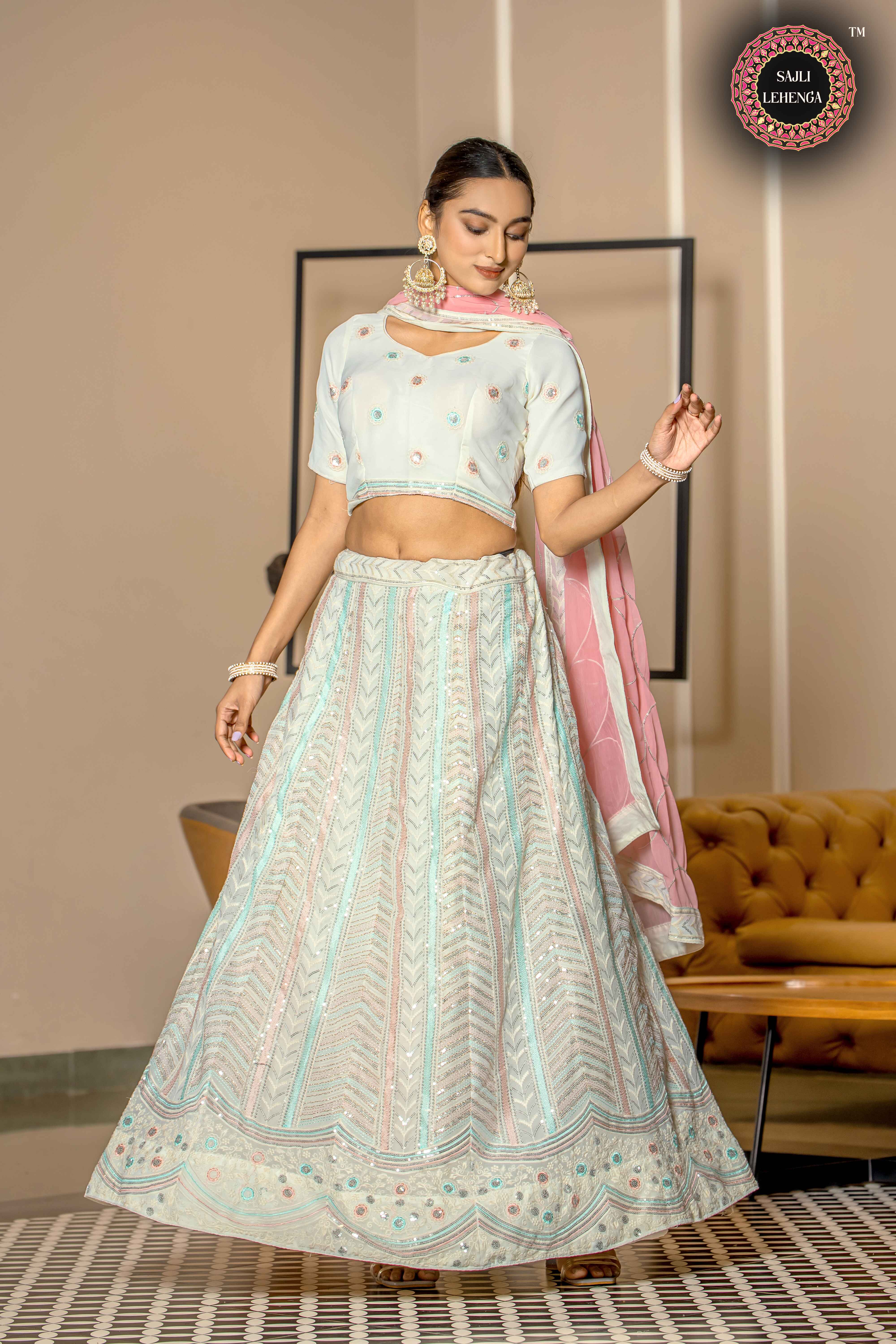 Sajli White Georgette Lehenga Choli With Pink Georgette Dupatta Set S38