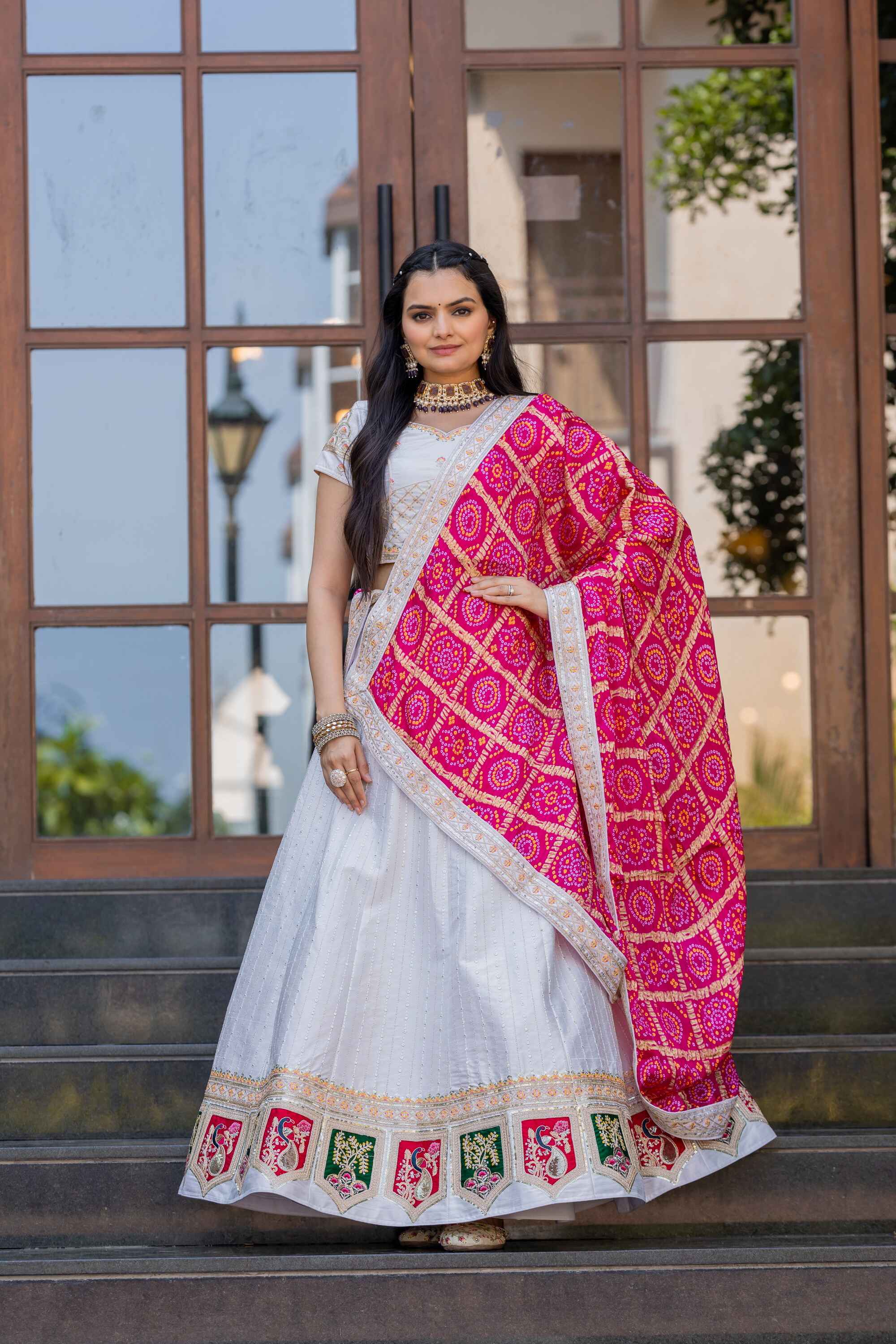 Sajli White Silk Lehenga Choli With Bandhej Dupatta S40