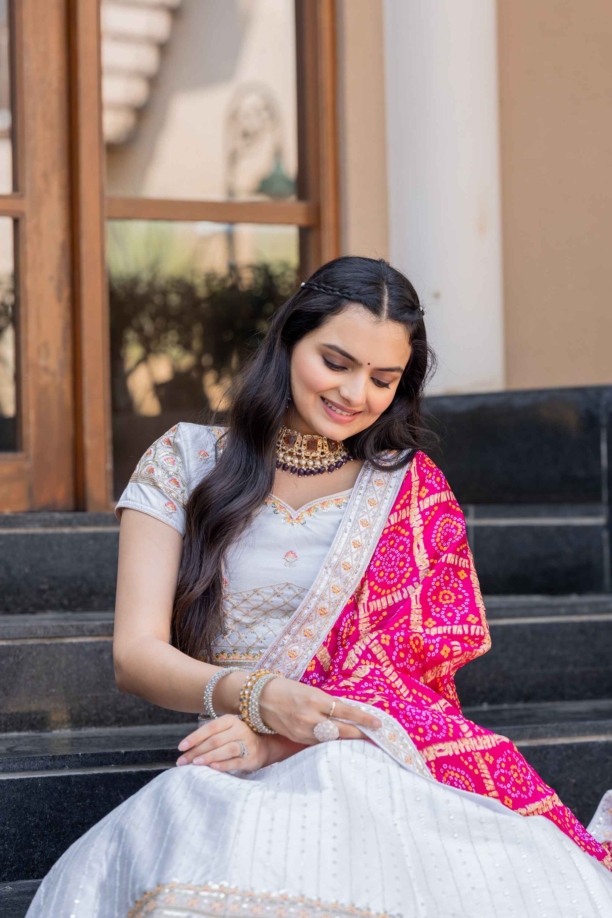 Sajli White Silk Lehenga Choli With Bandhej Dupatta S40