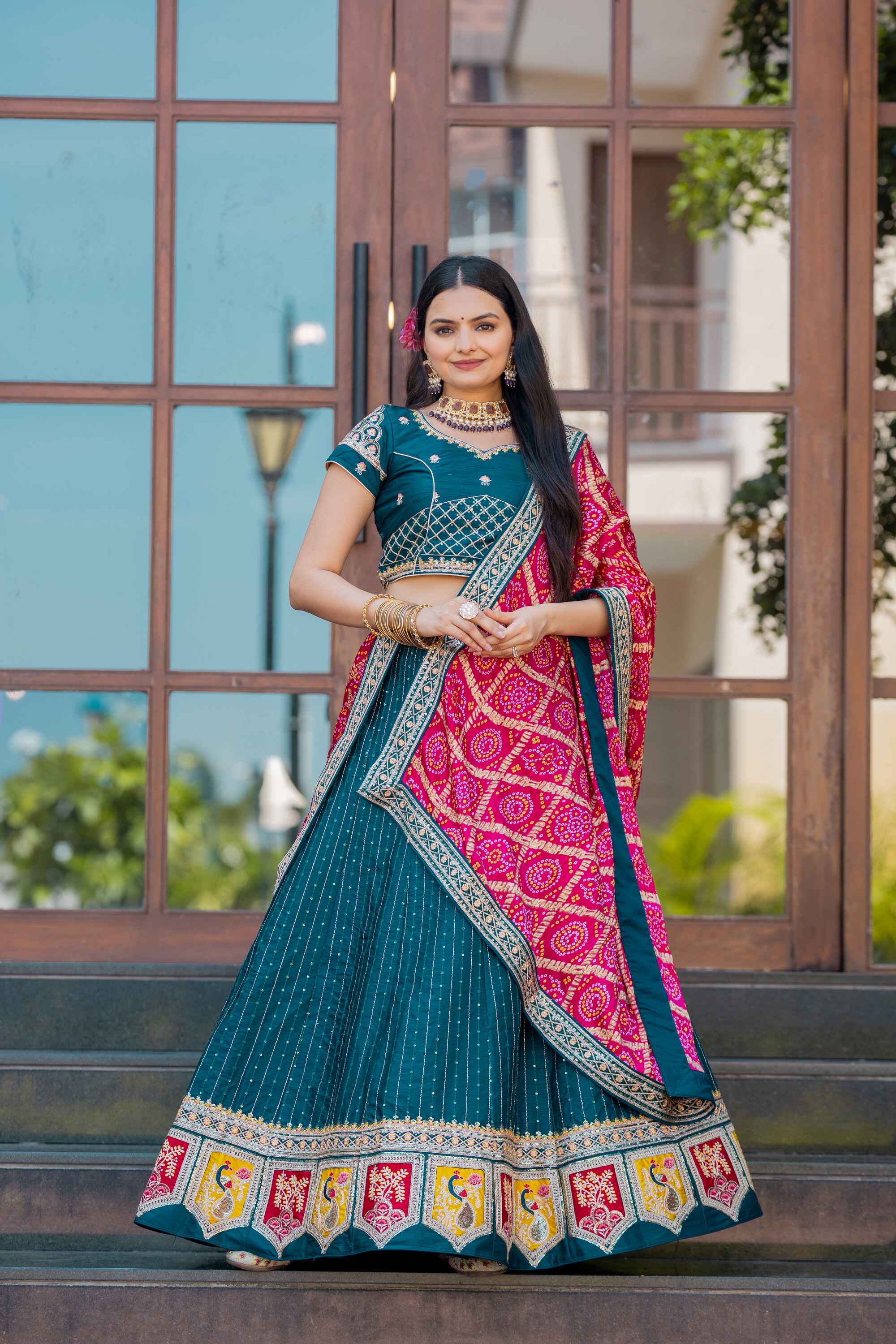 Sajli Rama Silk Lehenga Choli With Bandhej Dupatta S42