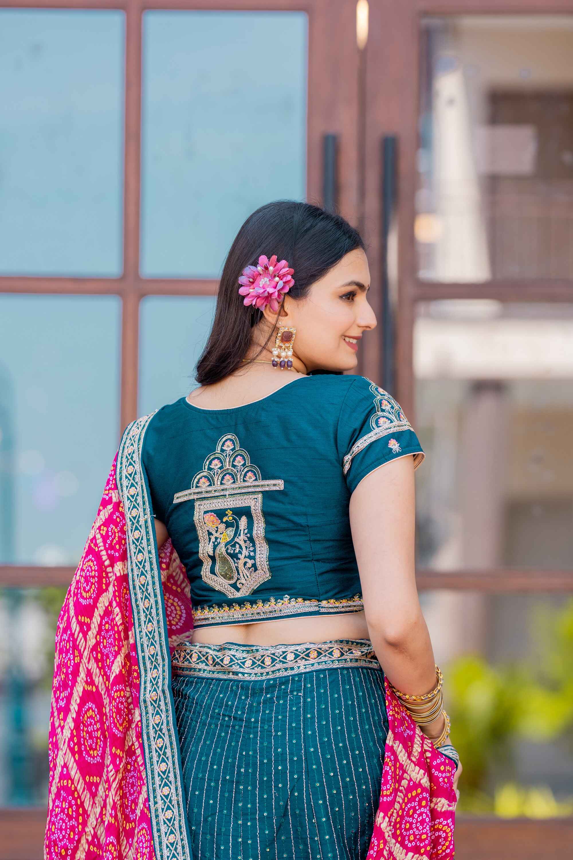 Sajli Rama Silk Lehenga Choli With Bandhej Dupatta S42