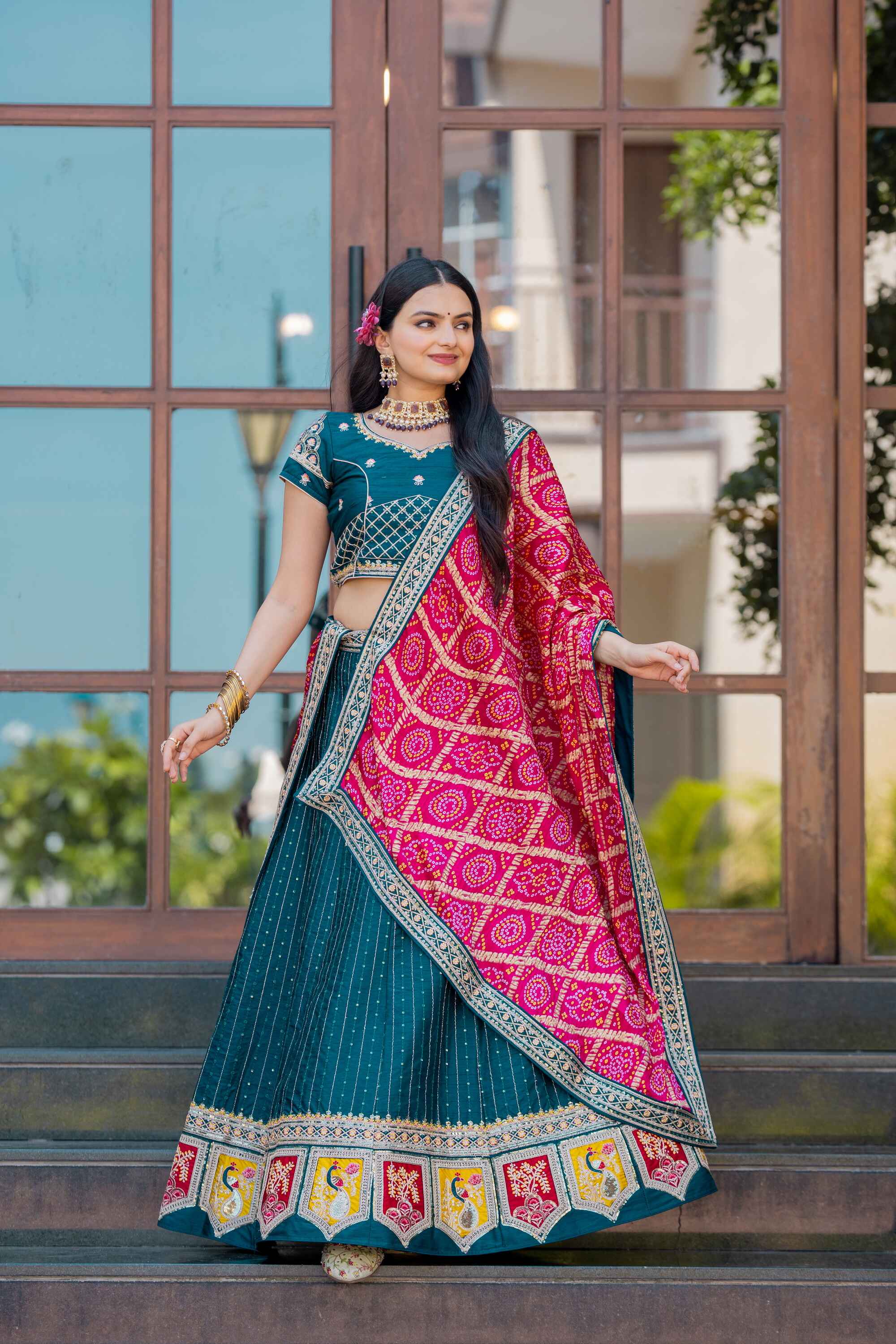 Sajli Rama Silk Lehenga Choli With Bandhej Dupatta S42