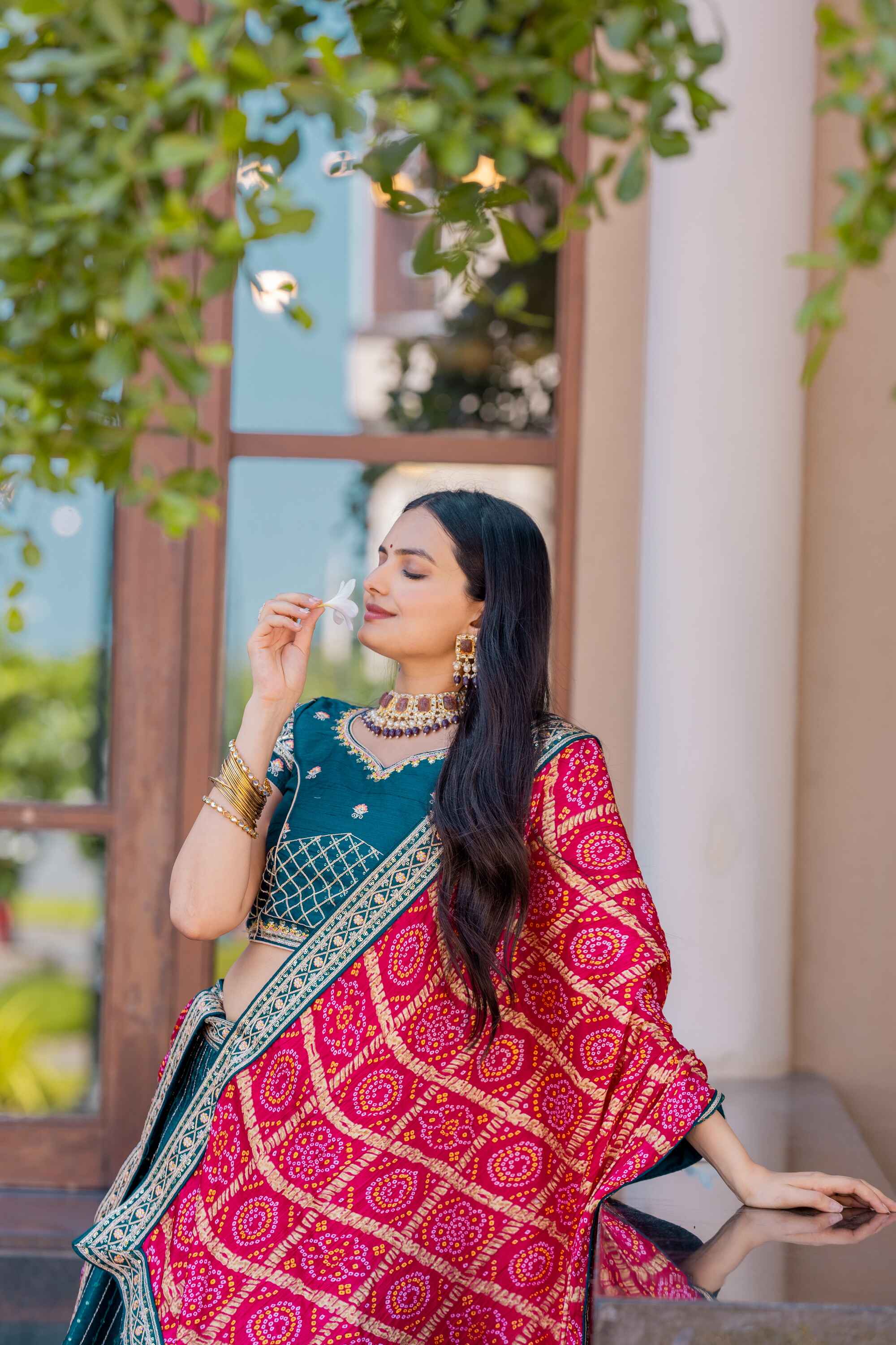 Sajli Rama Silk Lehenga Choli With Bandhej Dupatta S42