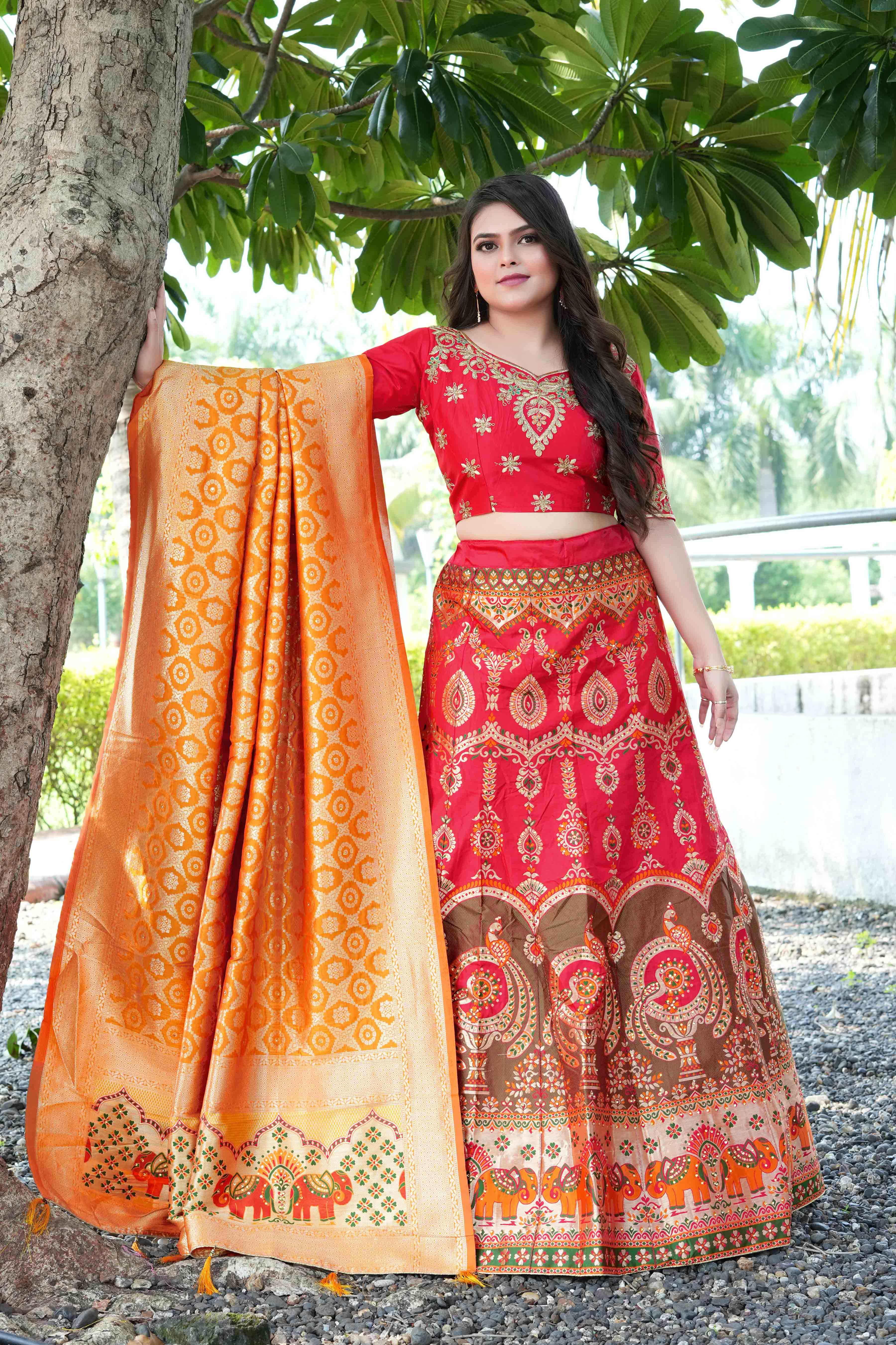 Sajli Red Banarasi Zari Weaving Lehenga Choli S44