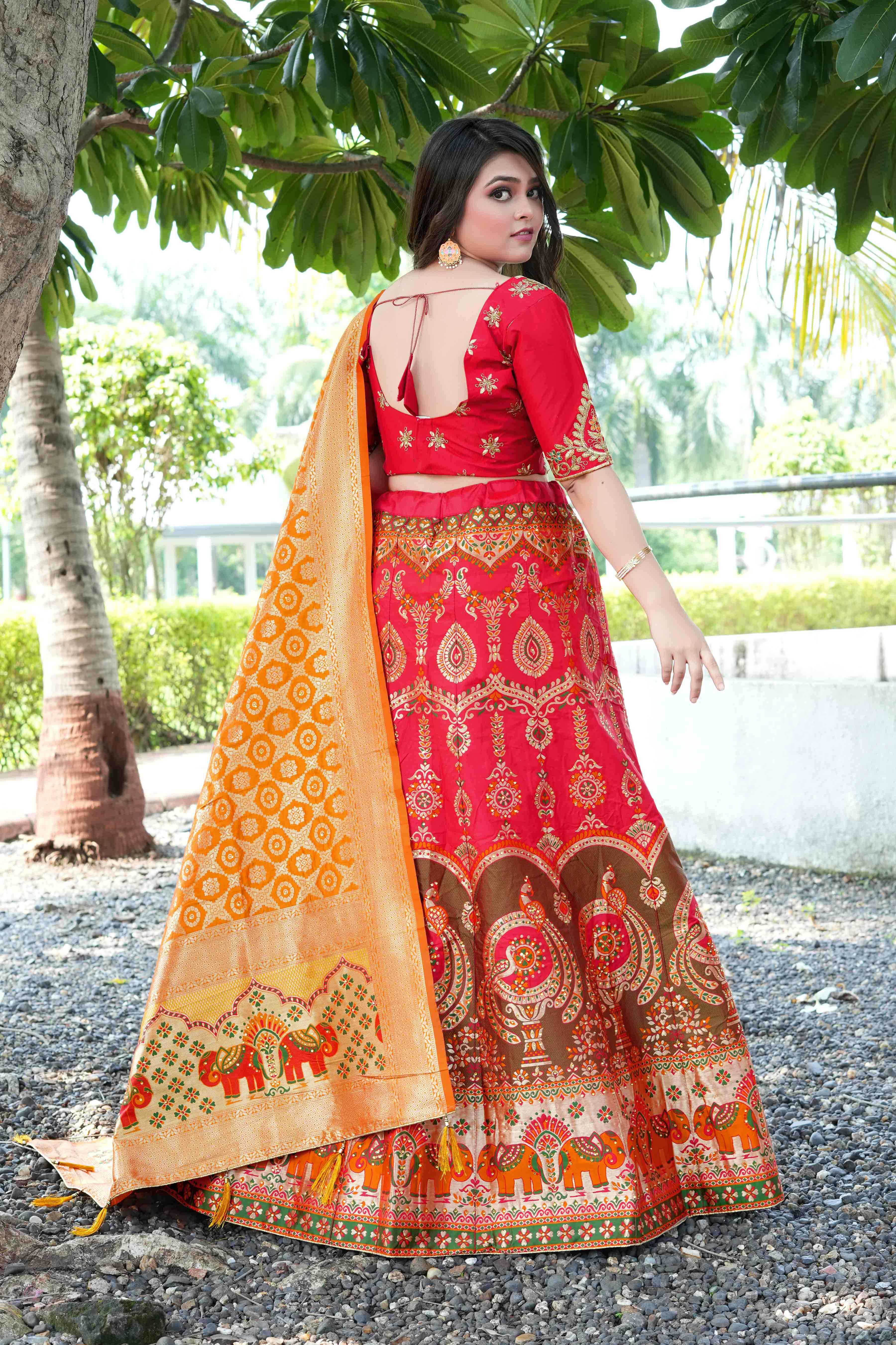 Sajli Red Banarasi Zari Weaving Lehenga Choli S44