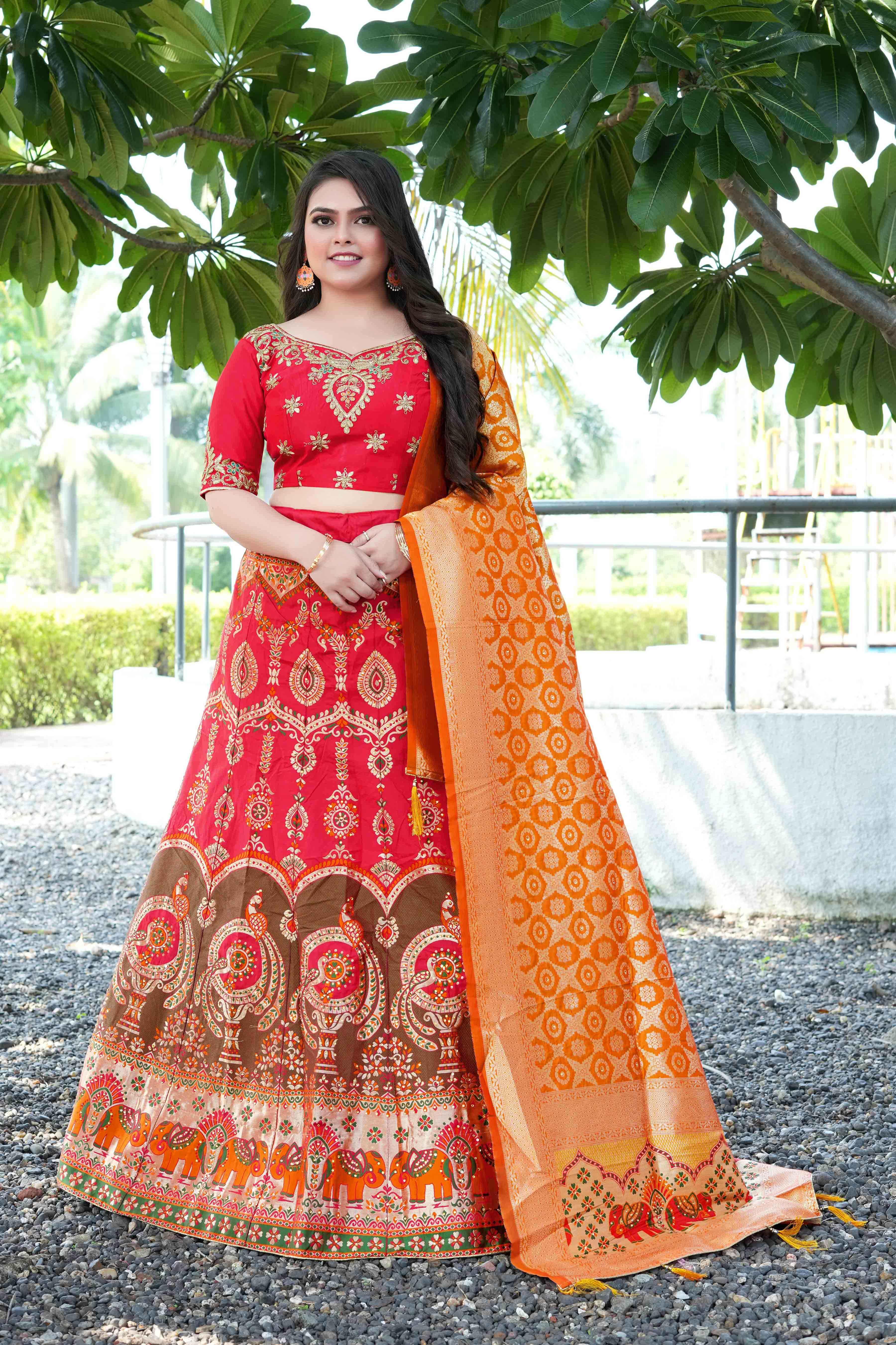 Sajli Red Banarasi Zari Weaving Lehenga Choli S44