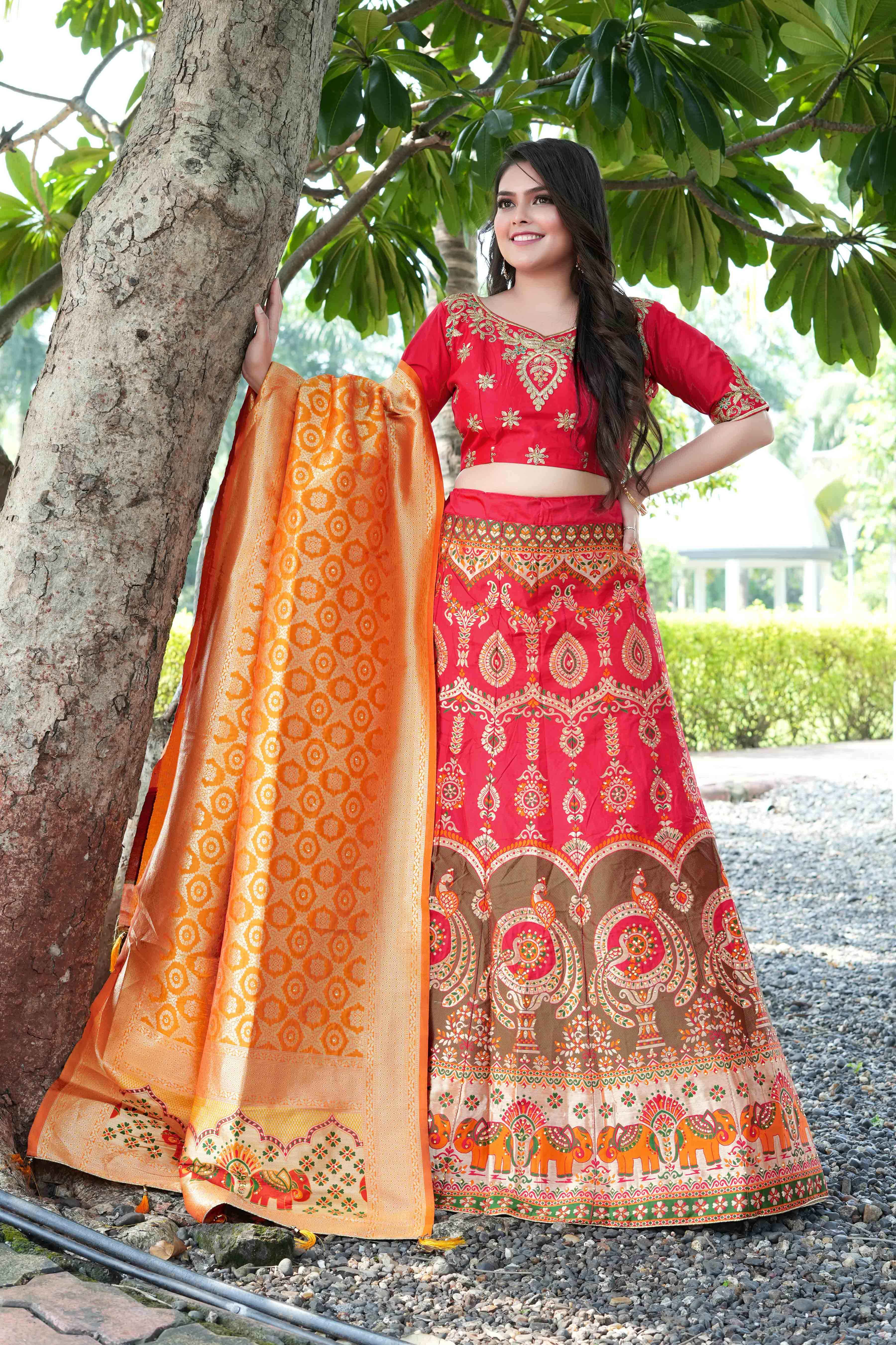 Sajli Red Banarasi Zari Weaving Lehenga Choli S44