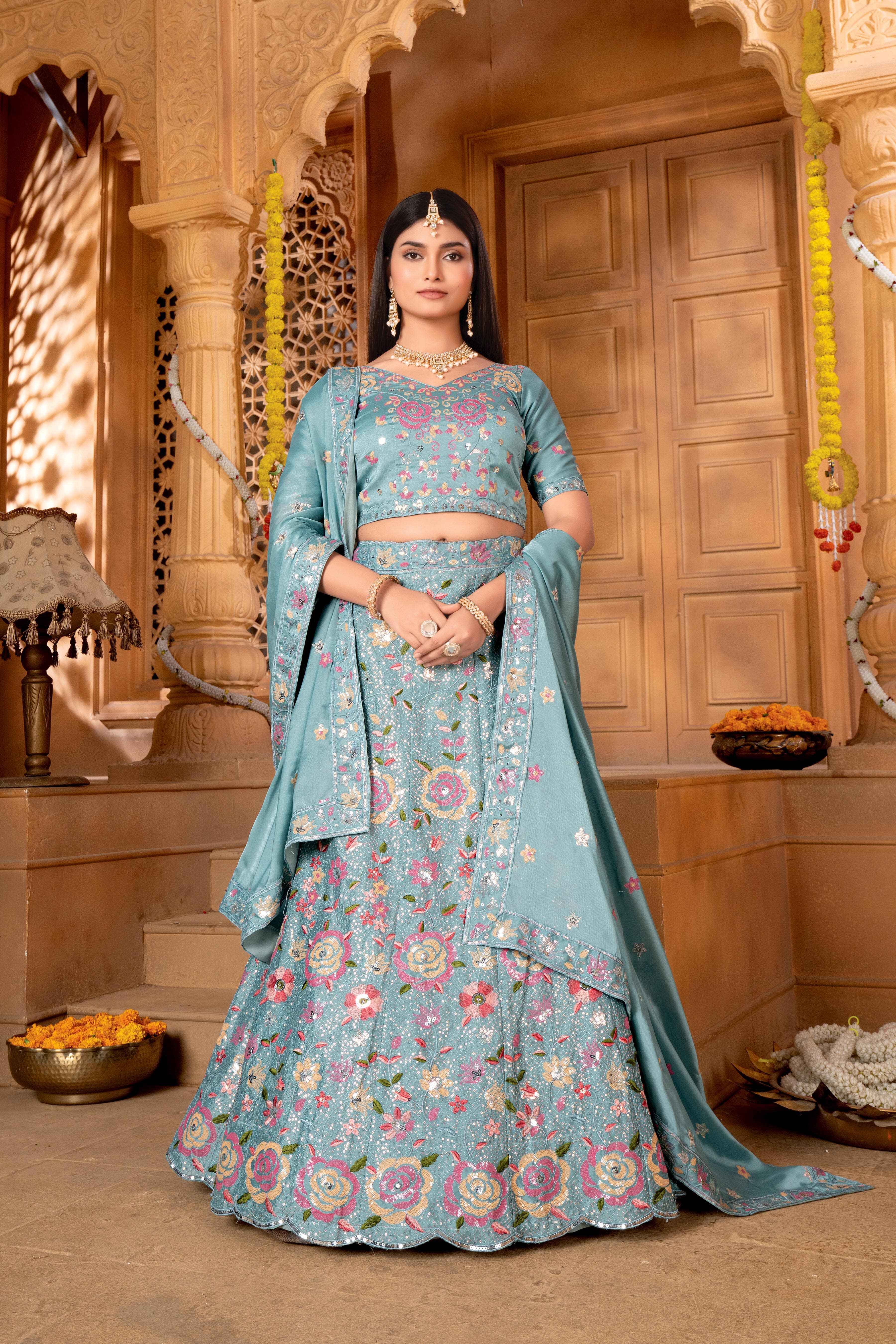 Sajli Sea Green Slim-Georgette Lehenga Choli with Slim-Georgette Dupatta Set S48