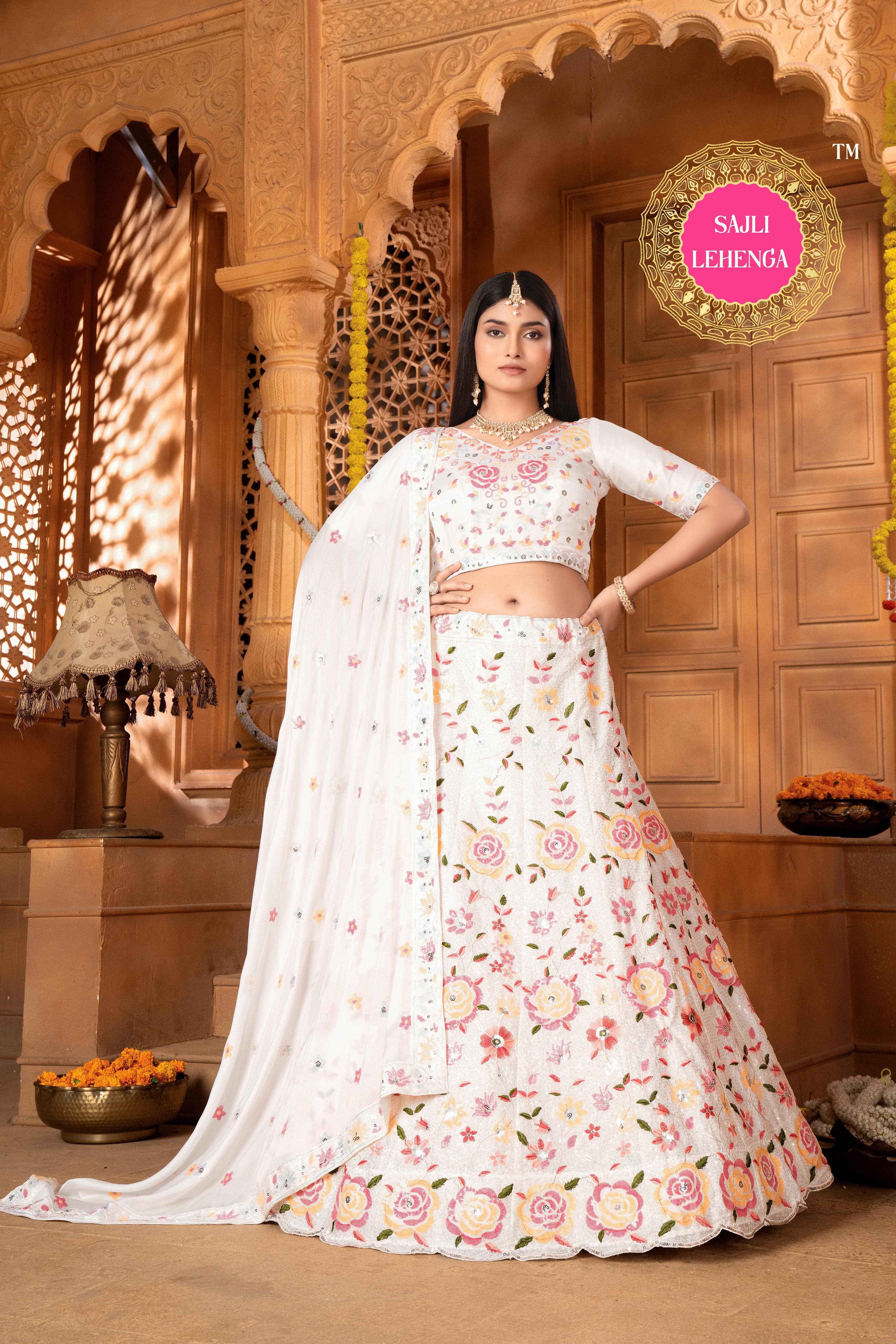 Sajli White Slim-Georgette Lehenga Choli with Slim-Georgette Dupatta Set S49