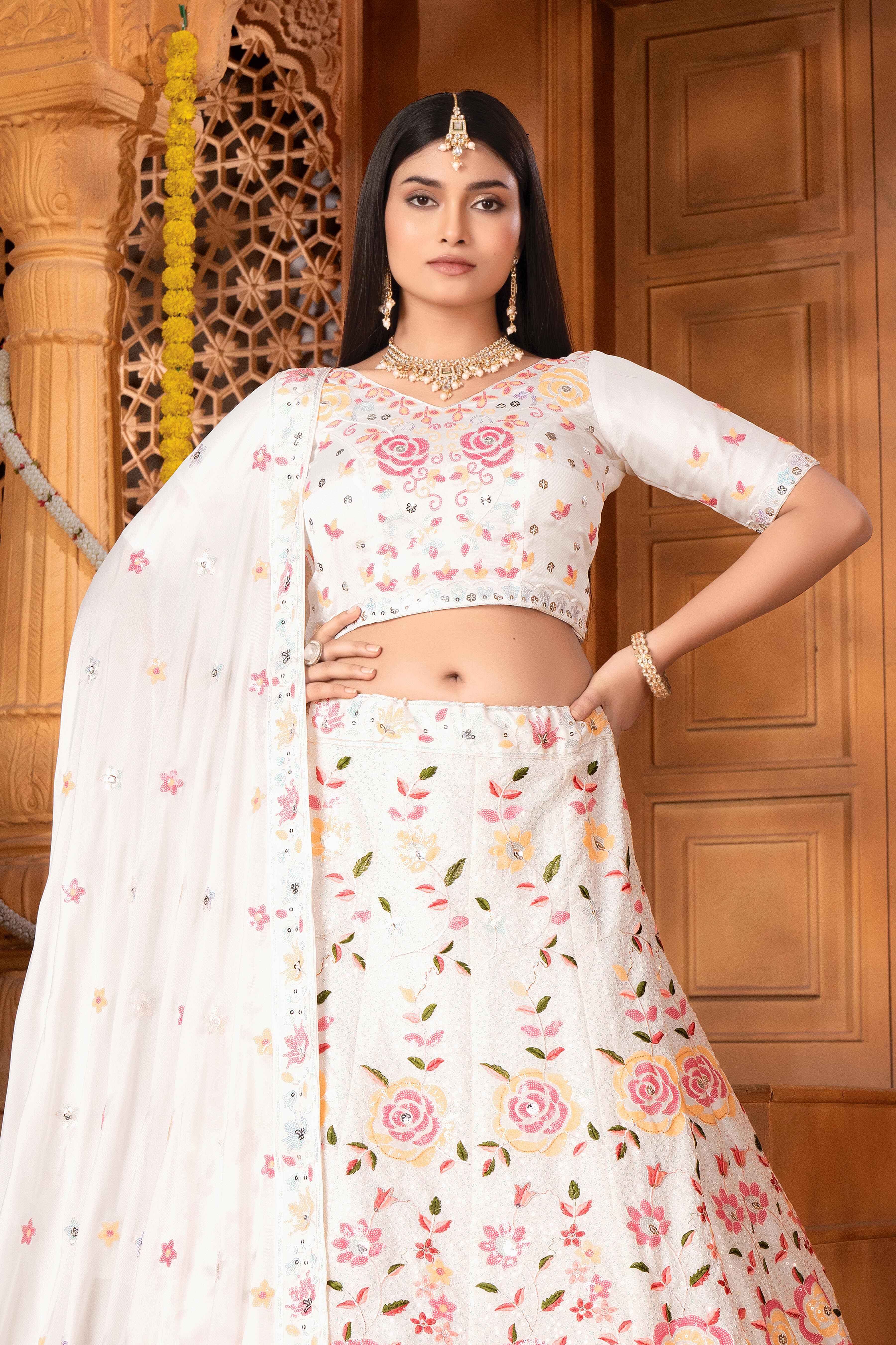 Sajli White Slim-Georgette Lehenga Choli with Slim-Georgette Dupatta Set S49