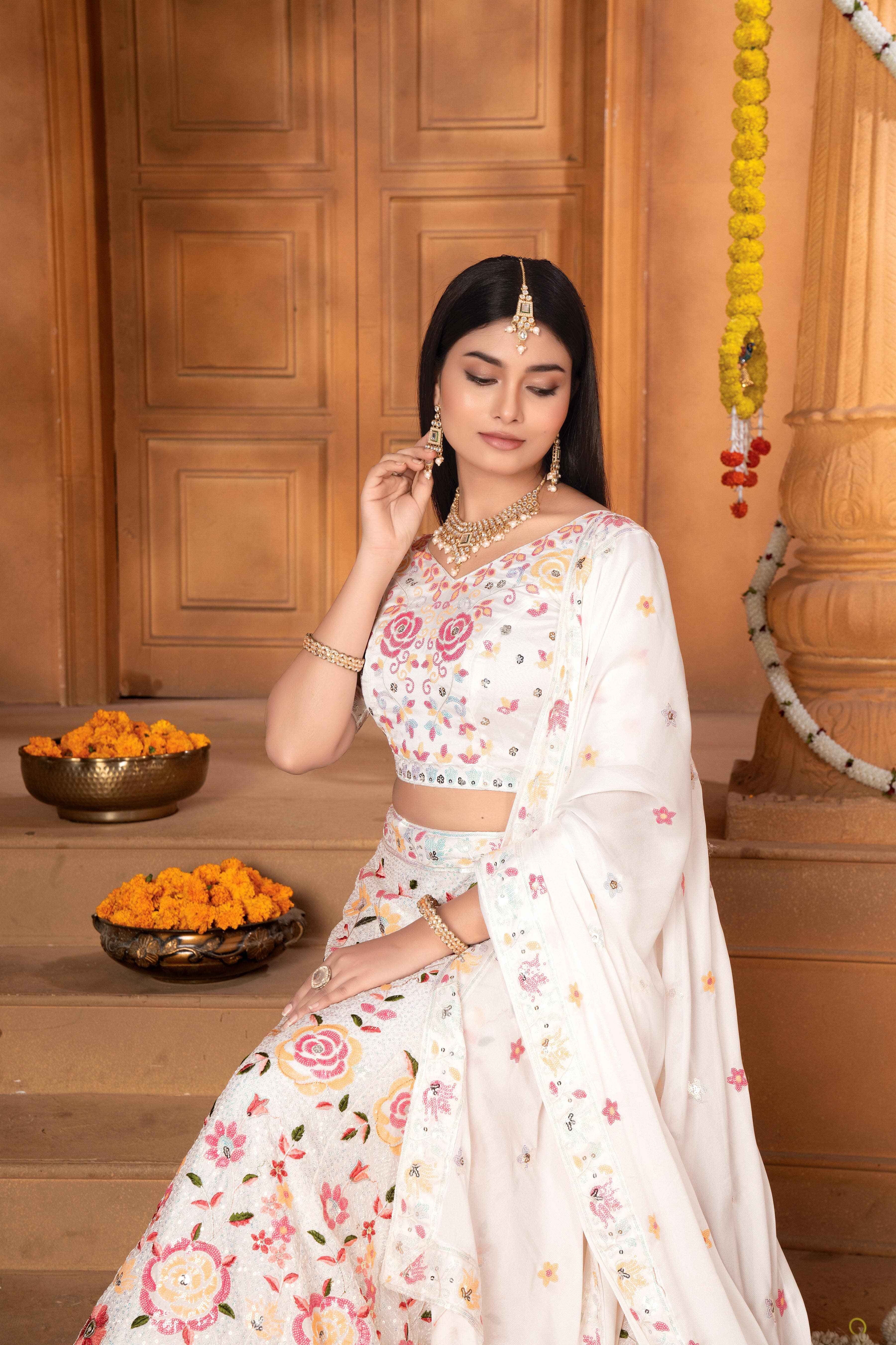 Sajli White Slim-Georgette Lehenga Choli with Slim-Georgette Dupatta Set S49