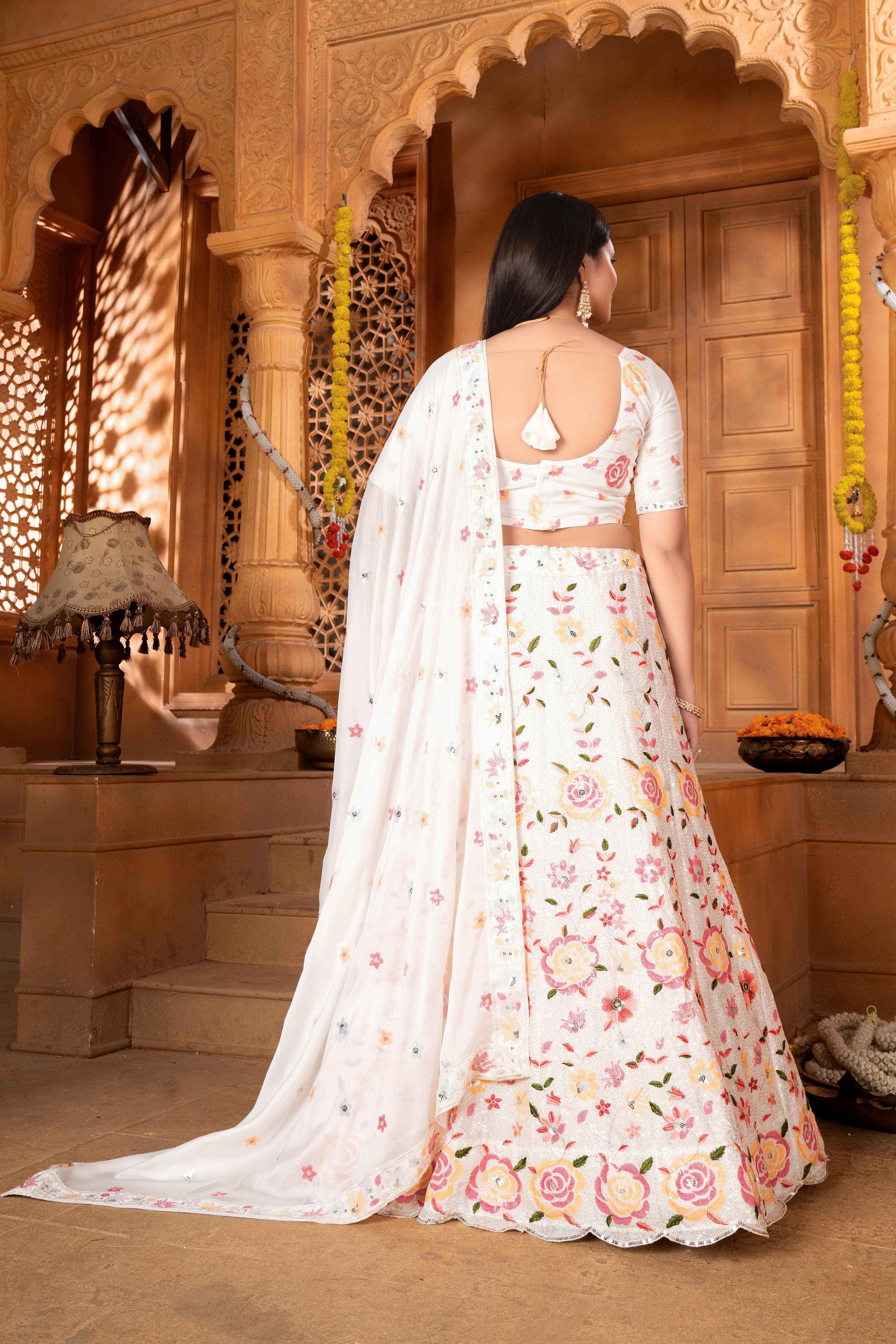 Sajli White Slim-Georgette Lehenga Choli with Slim-Georgette Dupatta Set S49