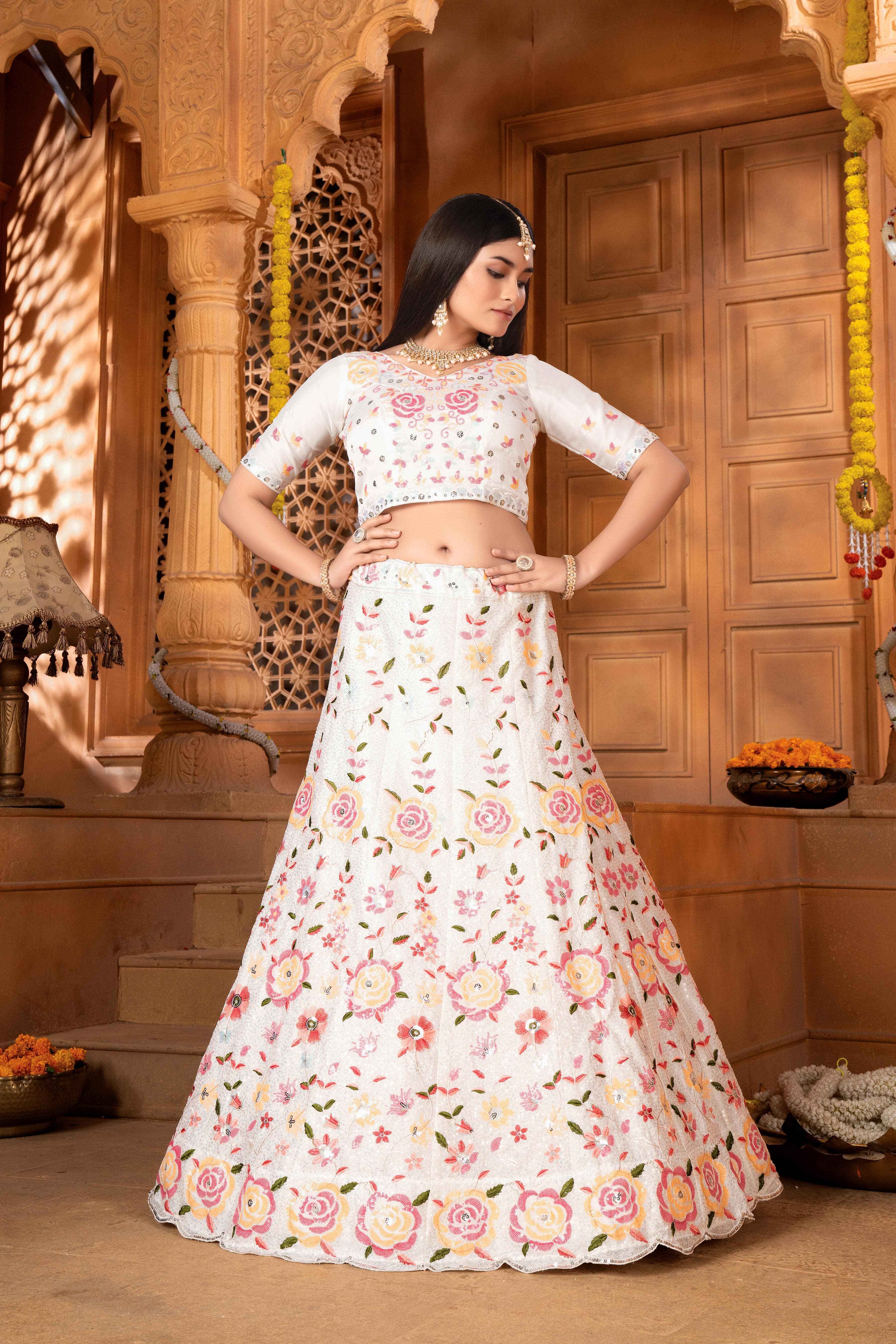 Sajli White Slim-Georgette Lehenga Choli with Slim-Georgette Dupatta Set S49