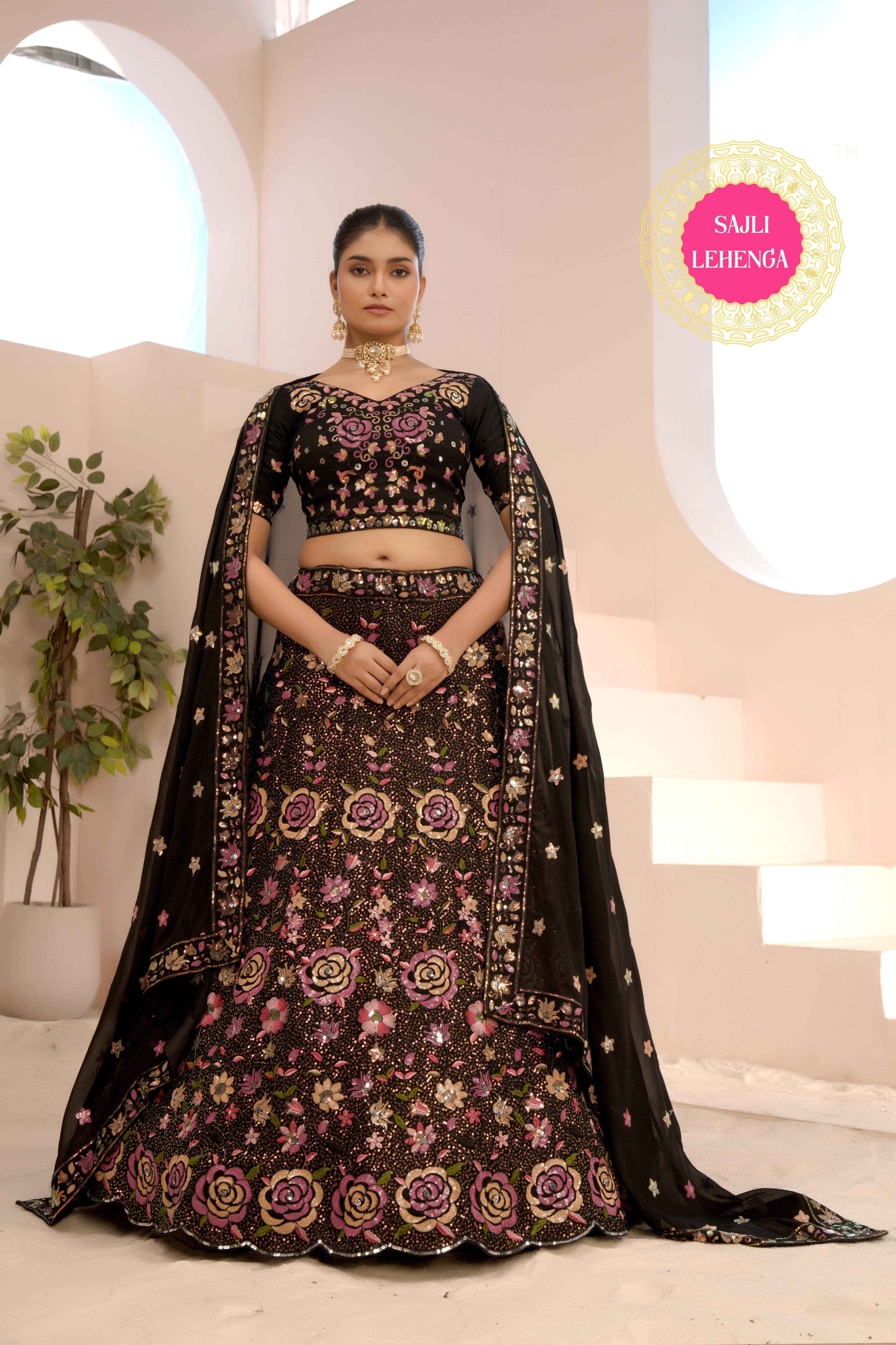 Sajli Black Slim-Georgette Lehenga Choli with Slim-Georgette Dupatta Set S50