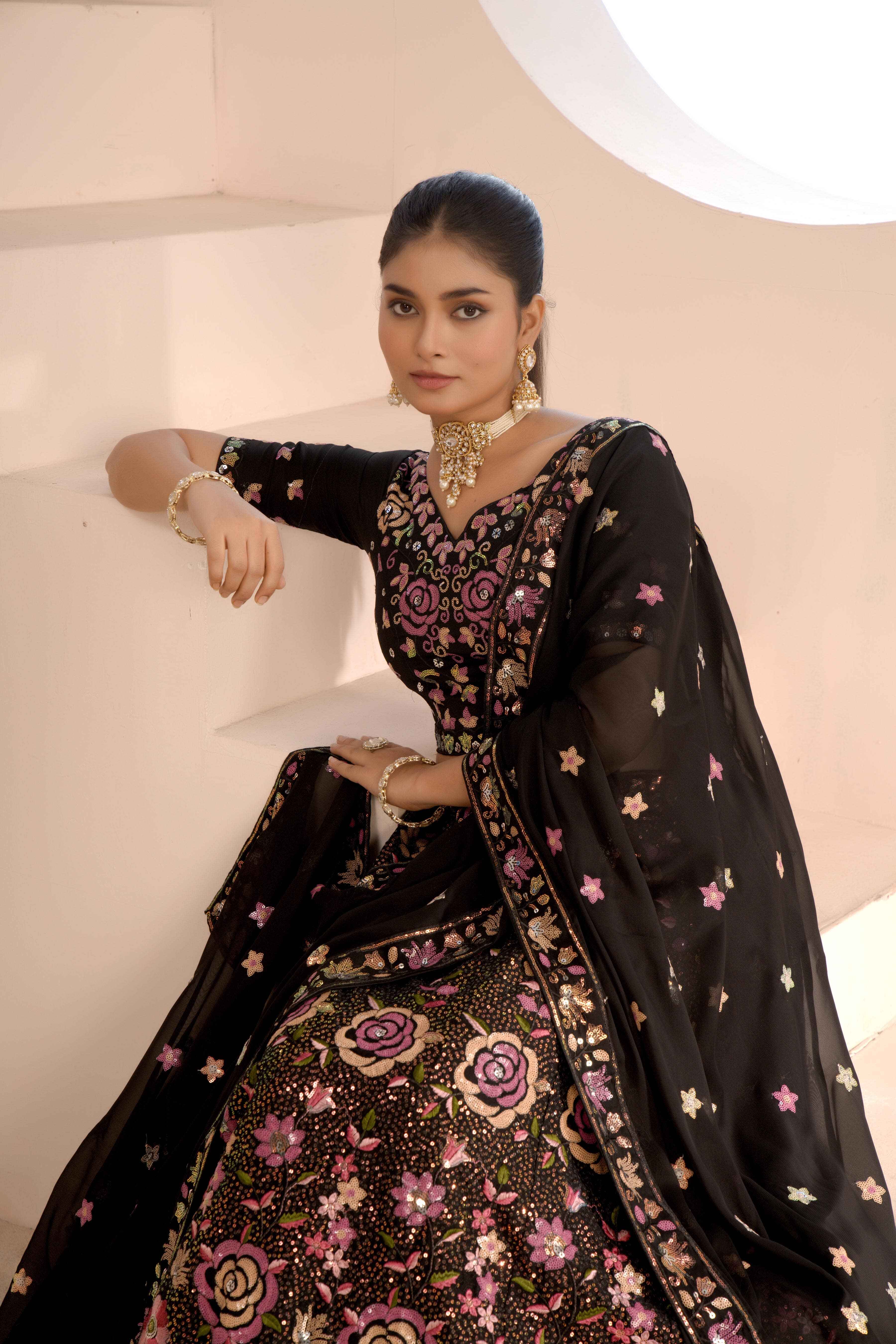 Sajli Black Slim-Georgette Lehenga Choli with Slim-Georgette Dupatta Set S50