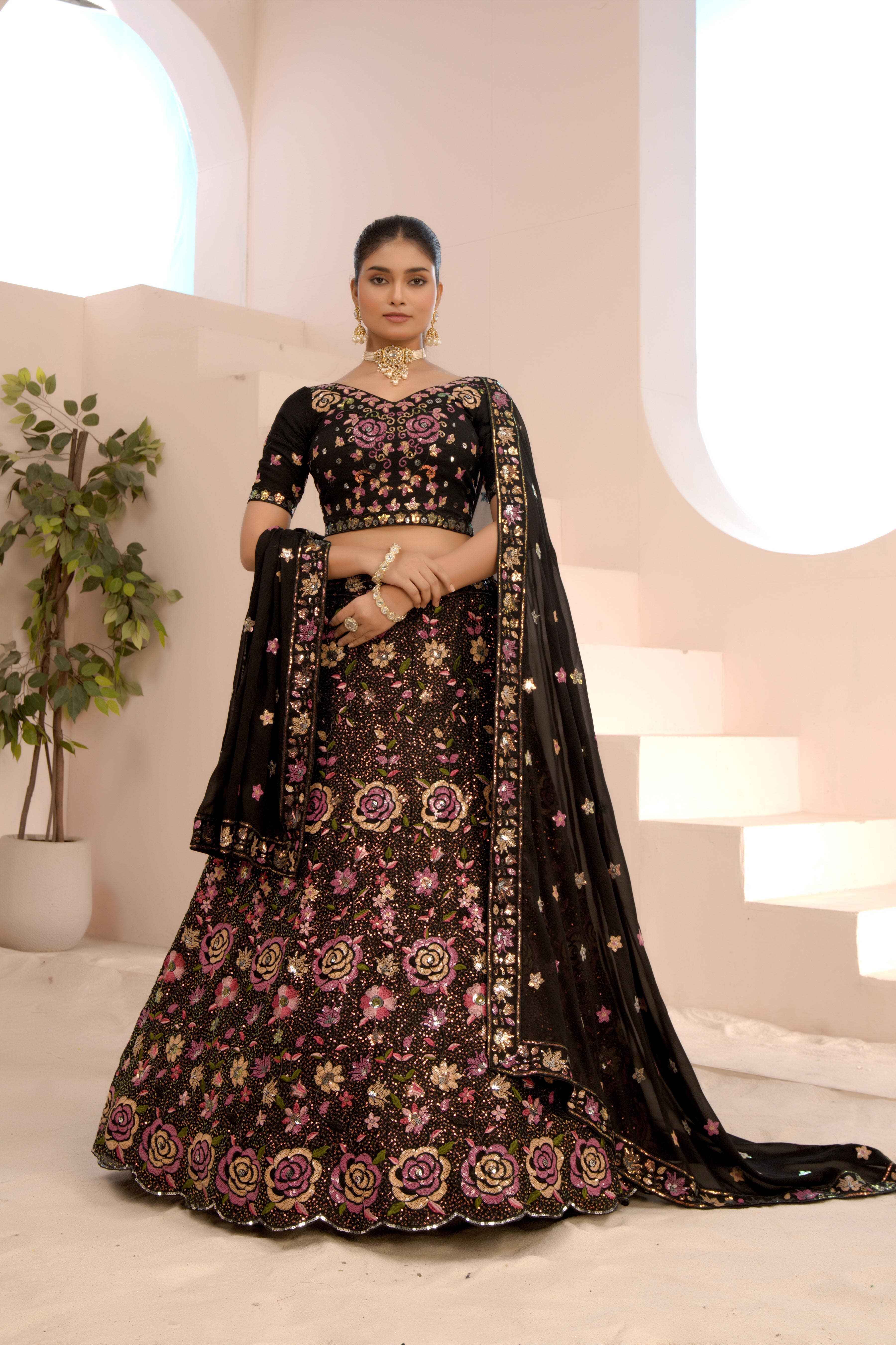 Sajli Black Slim-Georgette Lehenga Choli with Slim-Georgette Dupatta Set S50